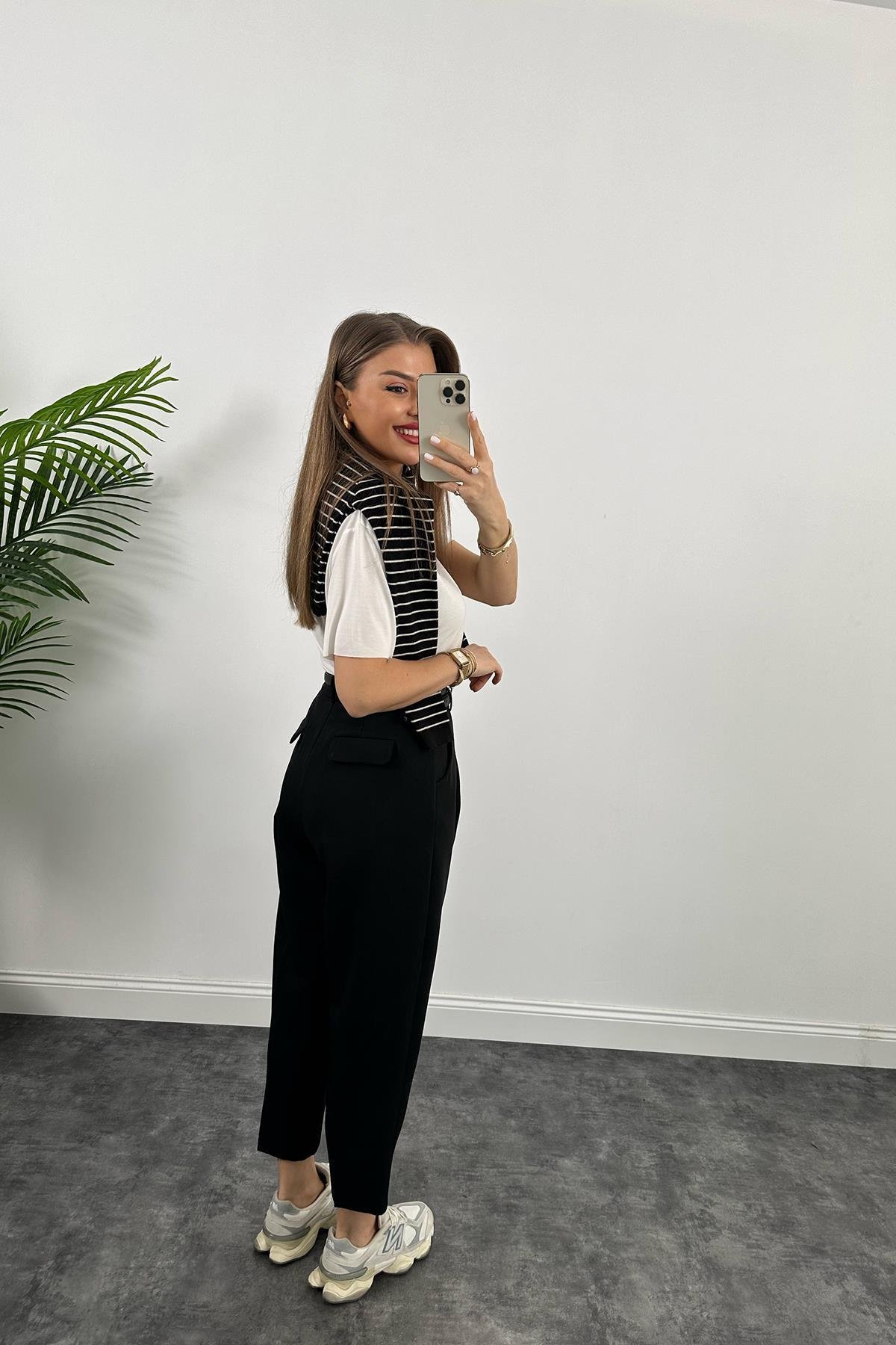 Premium Kalite Tok Kumaş Kemerli Havuç Pantolon Siyah