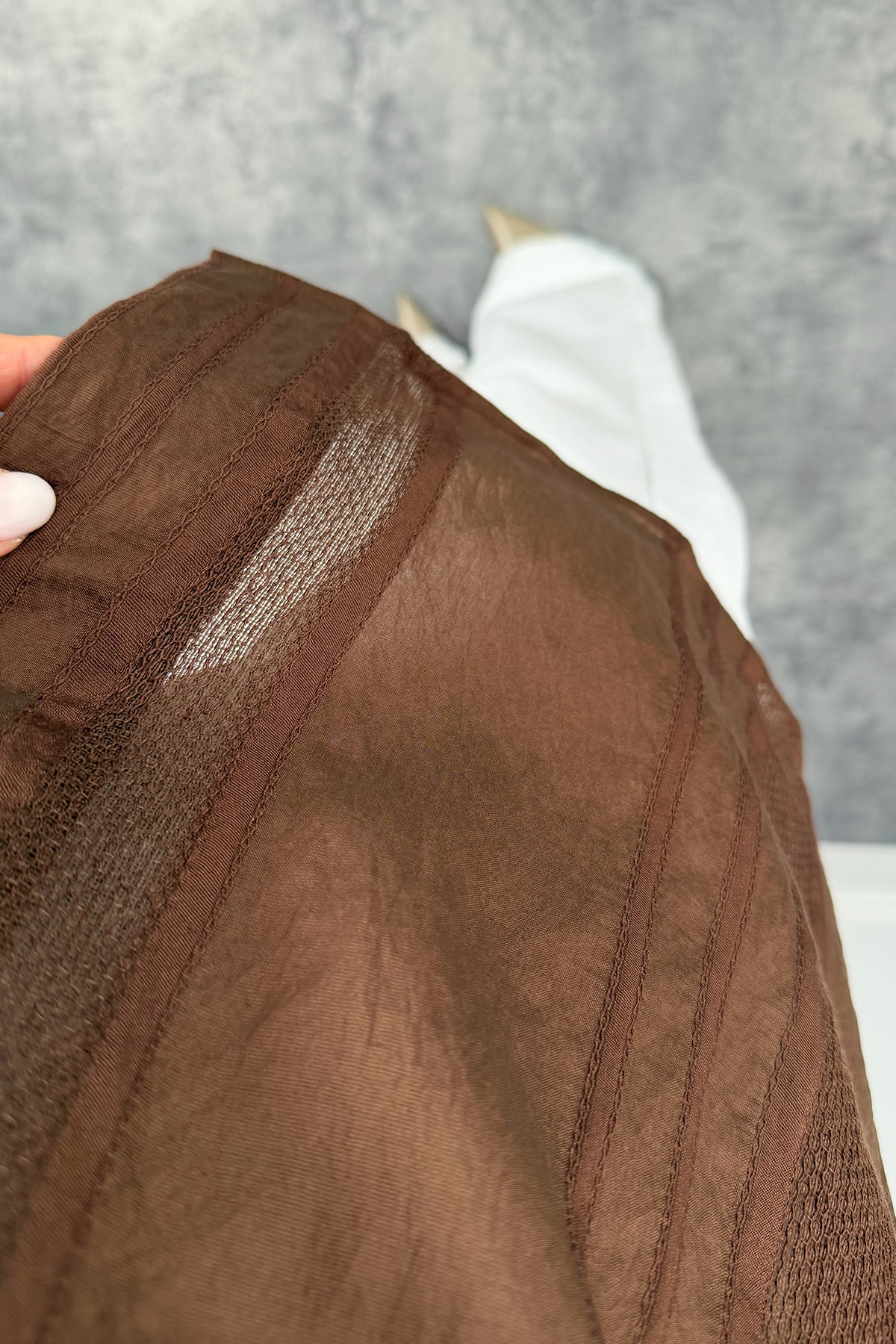 Premium Kalite Transparan Detaylı Nakışlı Tensel Gömlek Acı Kahve