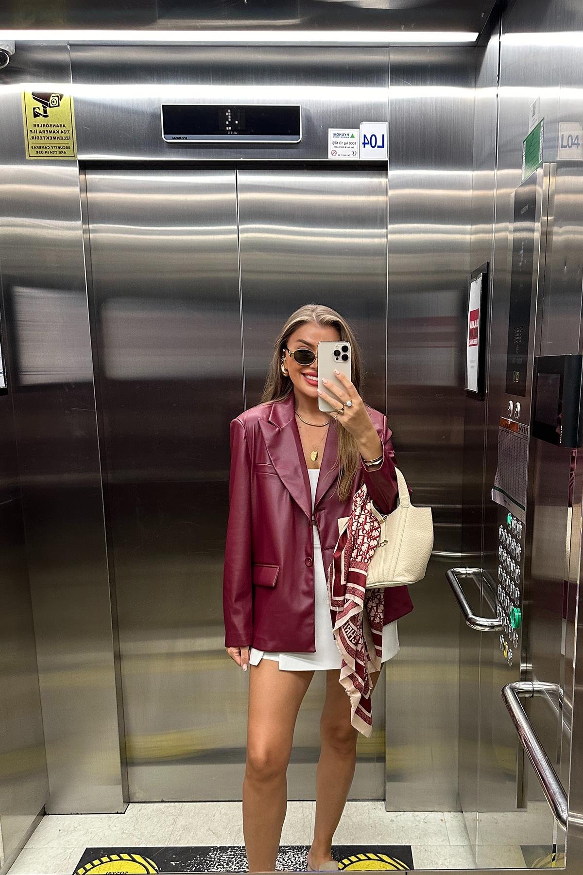 Premium Kalite Yumuşak Kumaş Vegan Deri Blazer Ceket Bordo