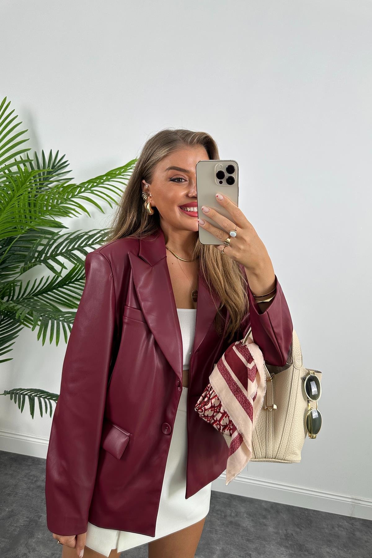 Premium Kalite Yumuşak Kumaş Vegan Deri Blazer Ceket Bordo