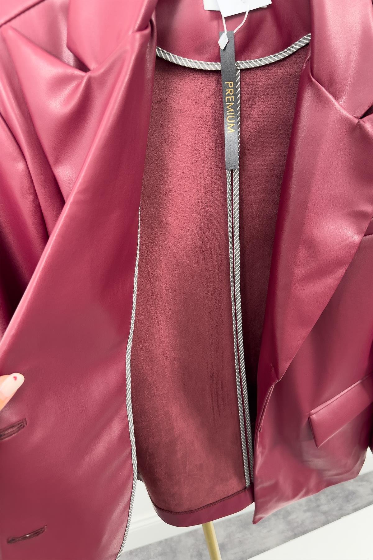 Premium Kalite Yumuşak Kumaş Vegan Deri Blazer Ceket Bordo