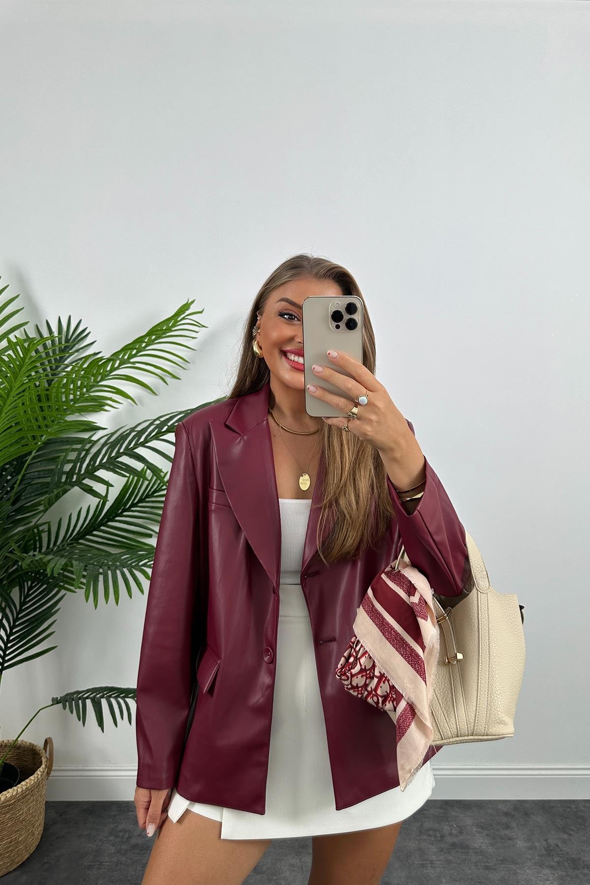Premium Kalite Yumuşak Kumaş Vegan Deri Blazer Ceket Bordo