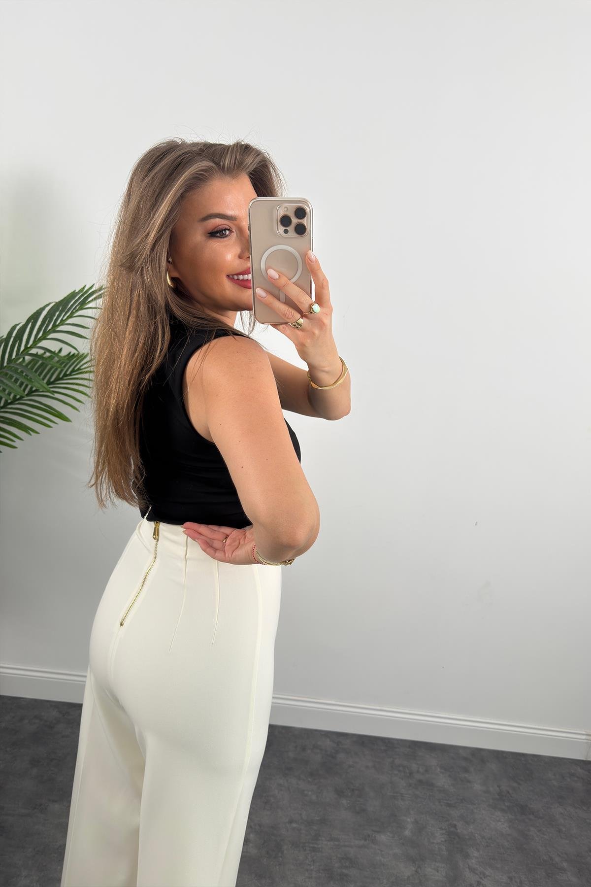 Premium Seri Arkası Gold Fermuarlı Double Kalın Kumaş Korsaj Palazzo Ekru