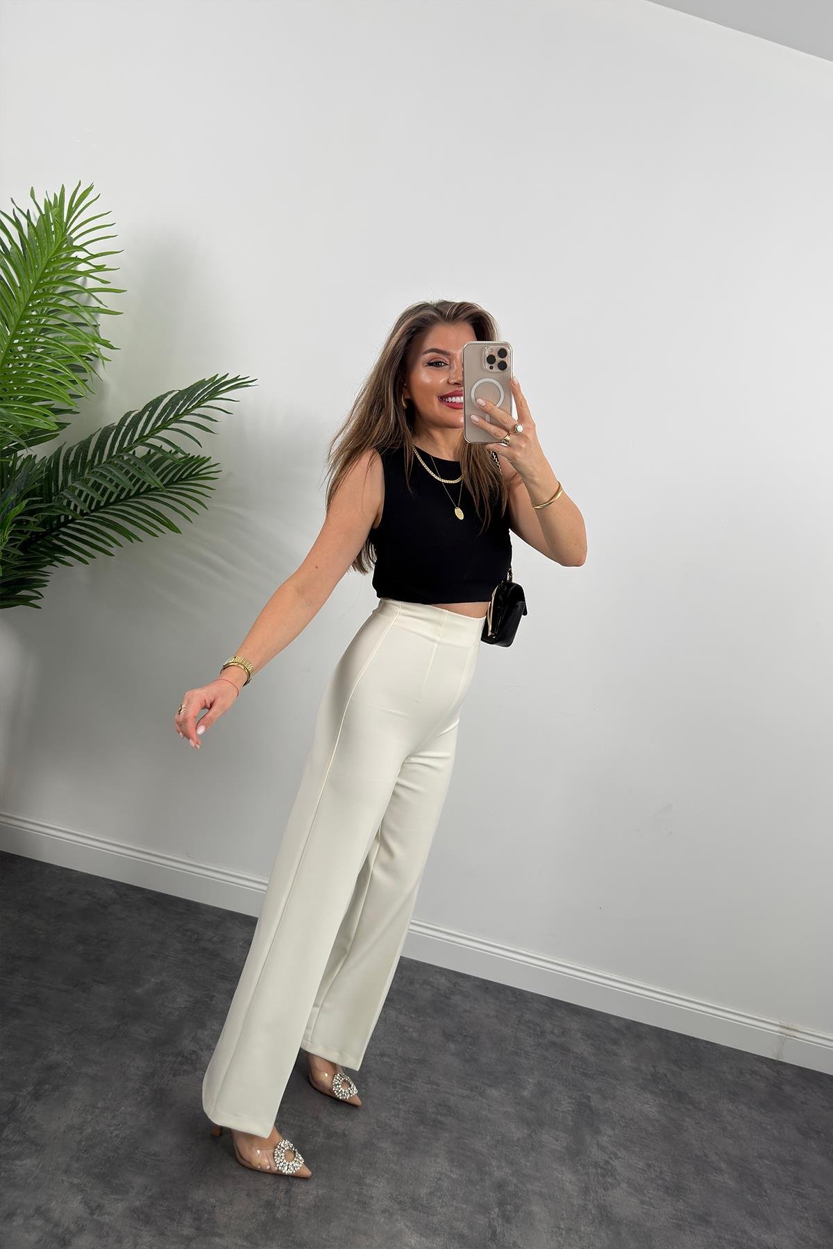 Premium Seri Arkası Gold Fermuarlı Double Kalın Kumaş Korsaj Palazzo Ekru