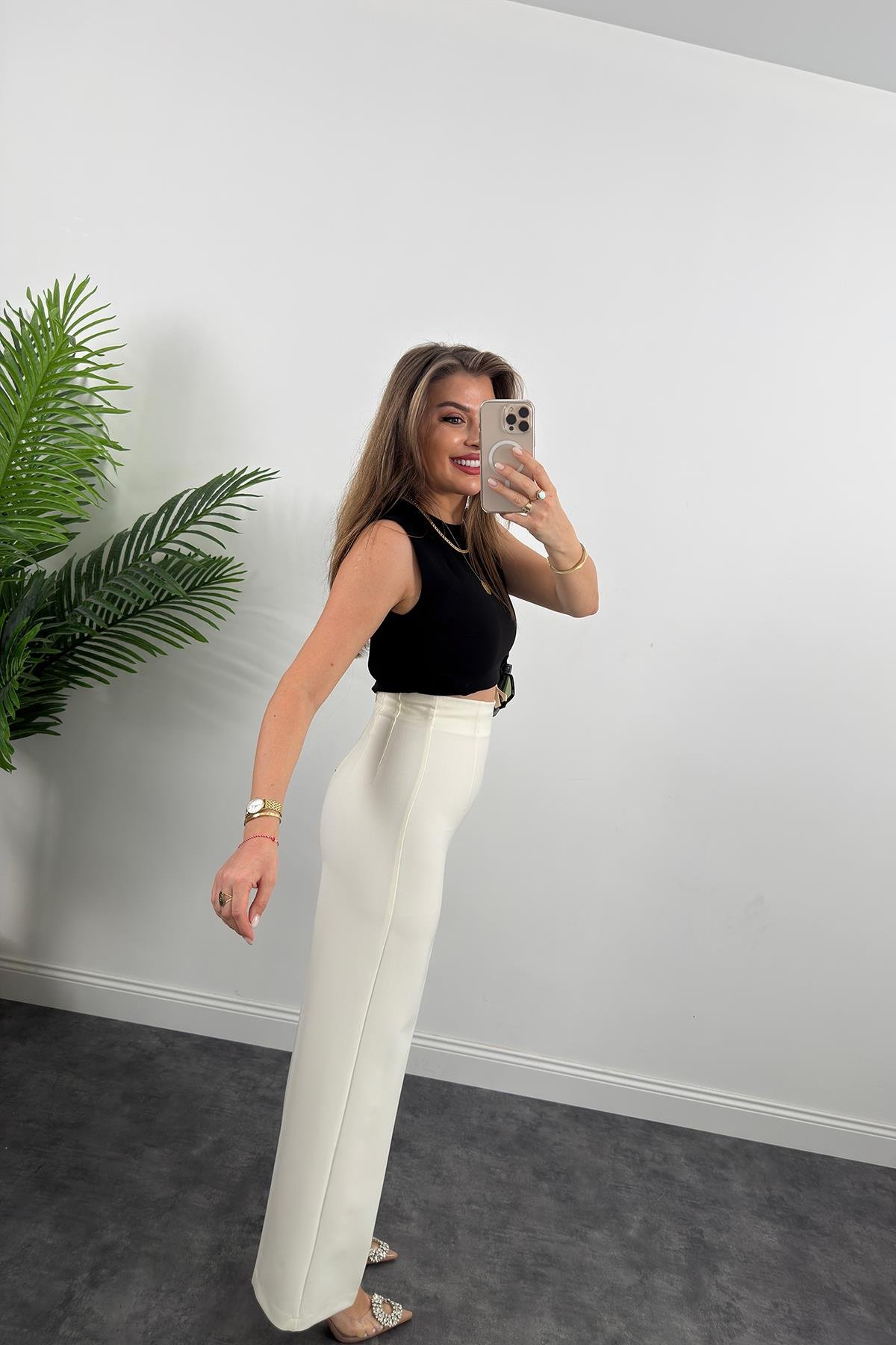 Premium Seri Arkası Gold Fermuarlı Double Kalın Kumaş Korsaj Palazzo Ekru