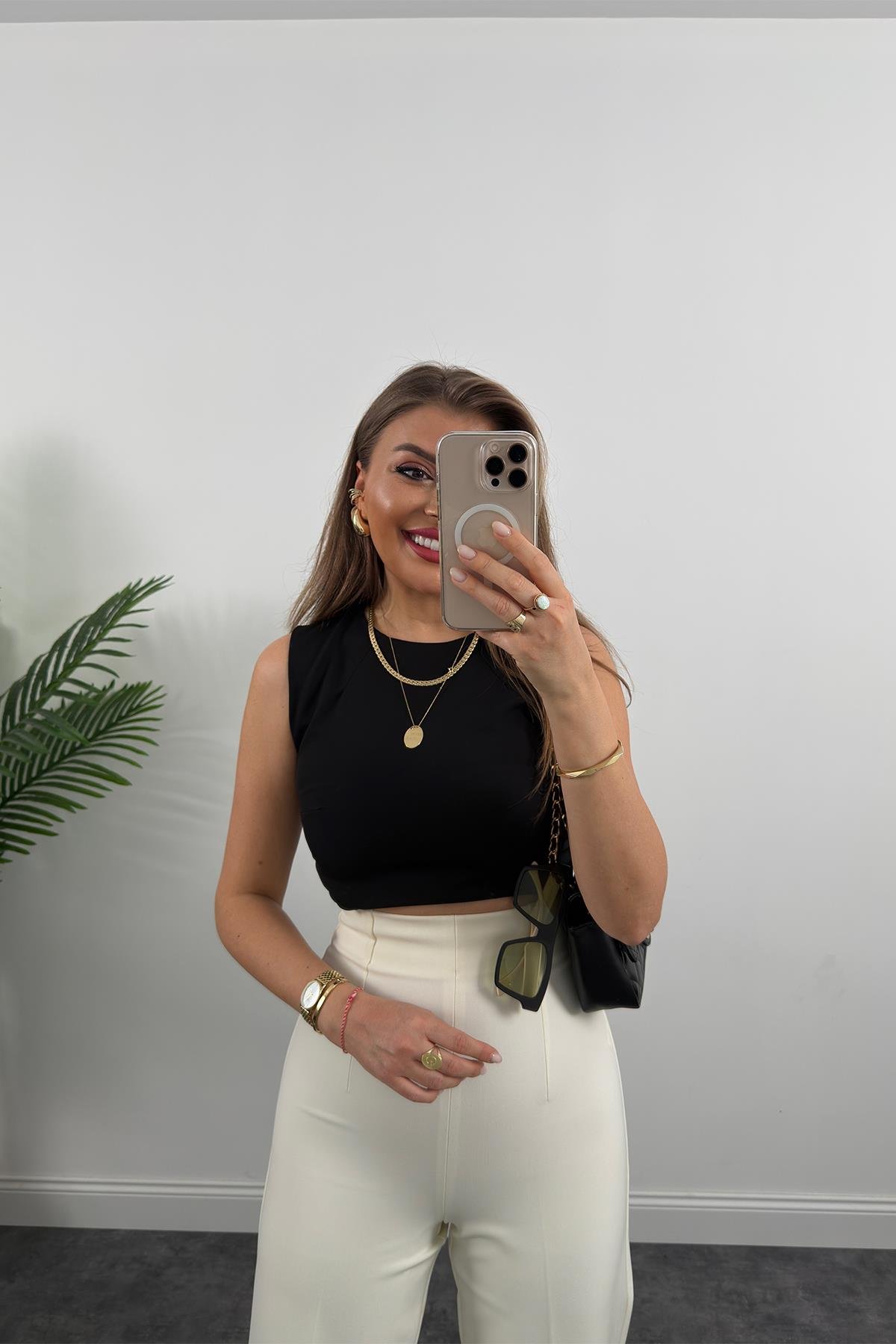 Premium Seri Arkası Gold Fermuarlı Double Kalın Kumaş Korsaj Palazzo Ekru