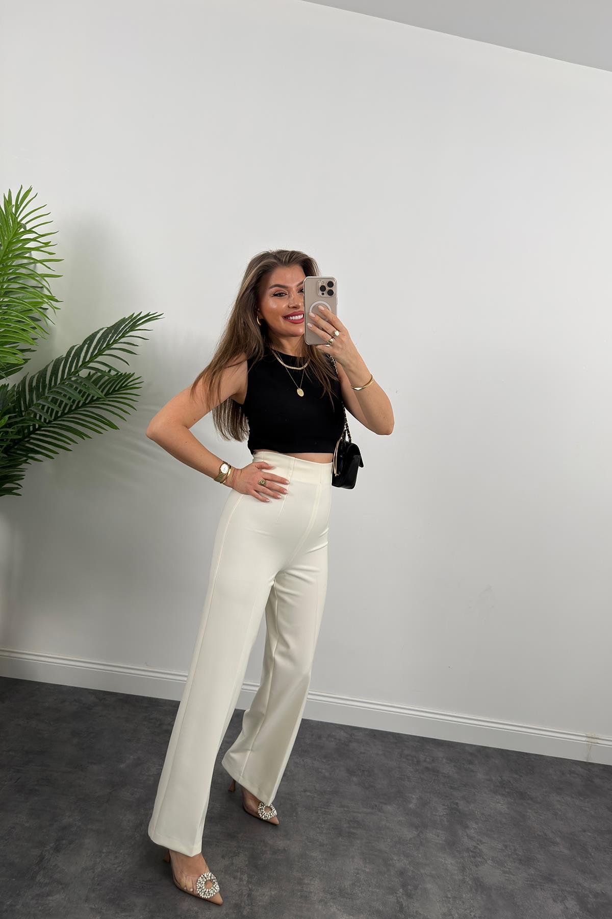 Premium Seri Arkası Gold Fermuarlı Double Kalın Kumaş Korsaj Palazzo Ekru