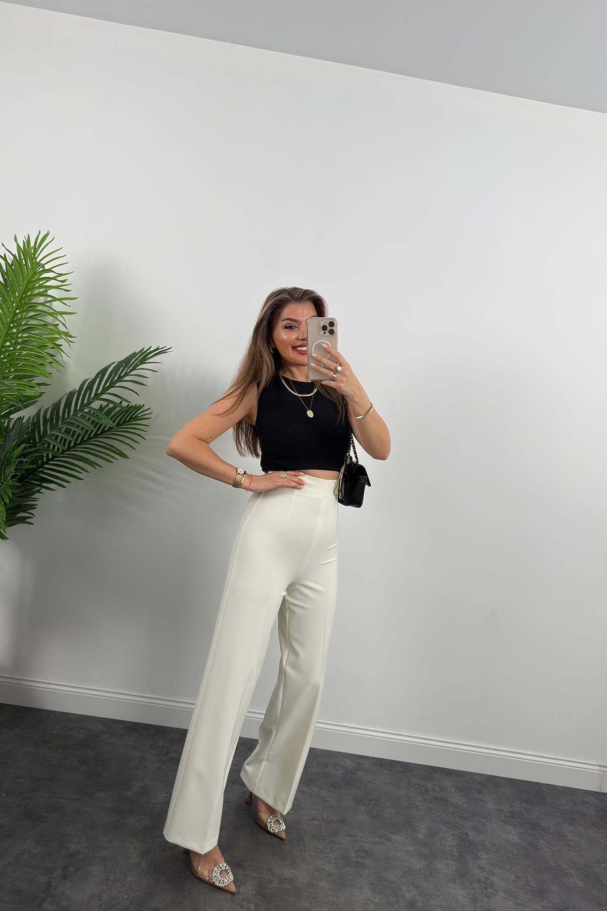 Premium Seri Arkası Gold Fermuarlı Double Kalın Kumaş Korsaj Palazzo Ekru