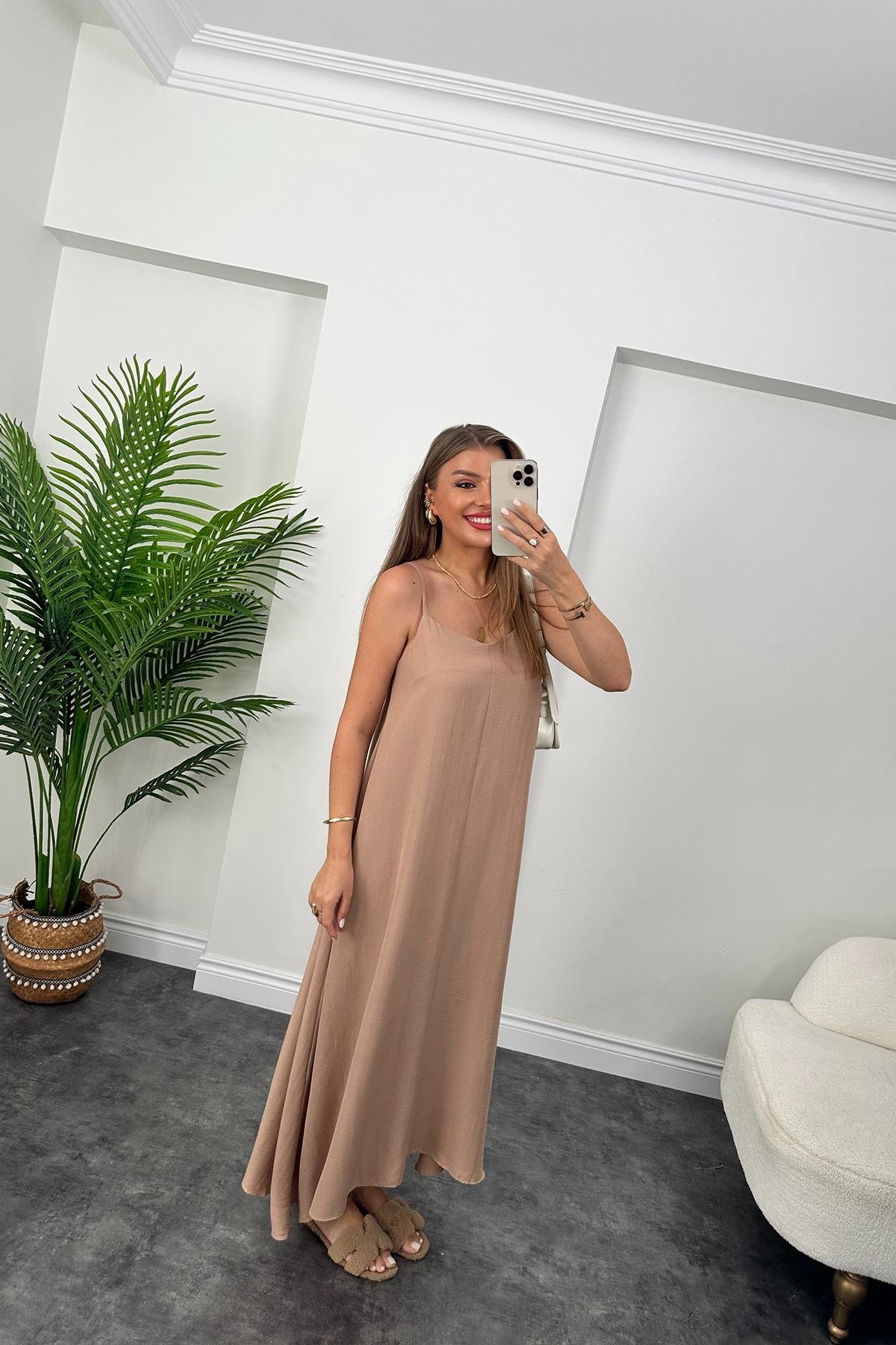 Premium Seri Basic Salaş Tensel Elbise Camel