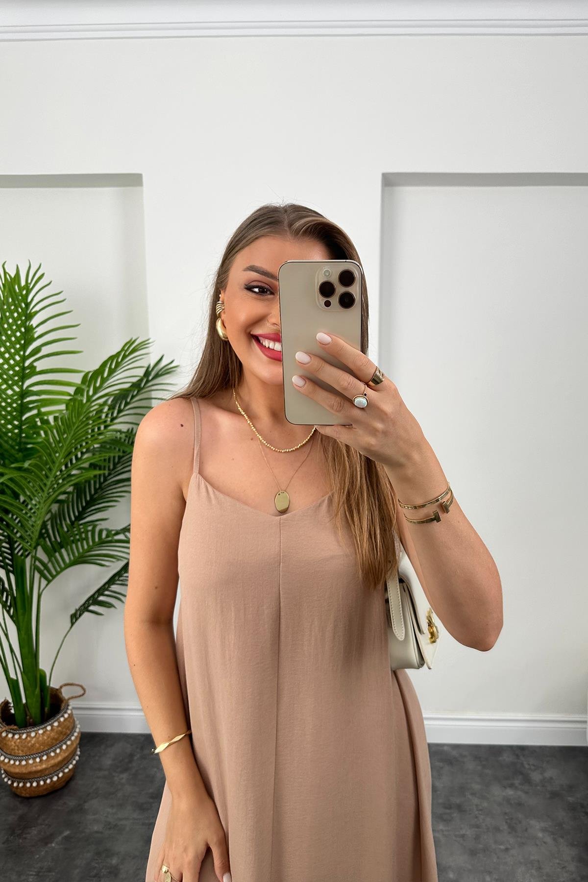 Premium Seri Basic Salaş Tensel Elbise Camel