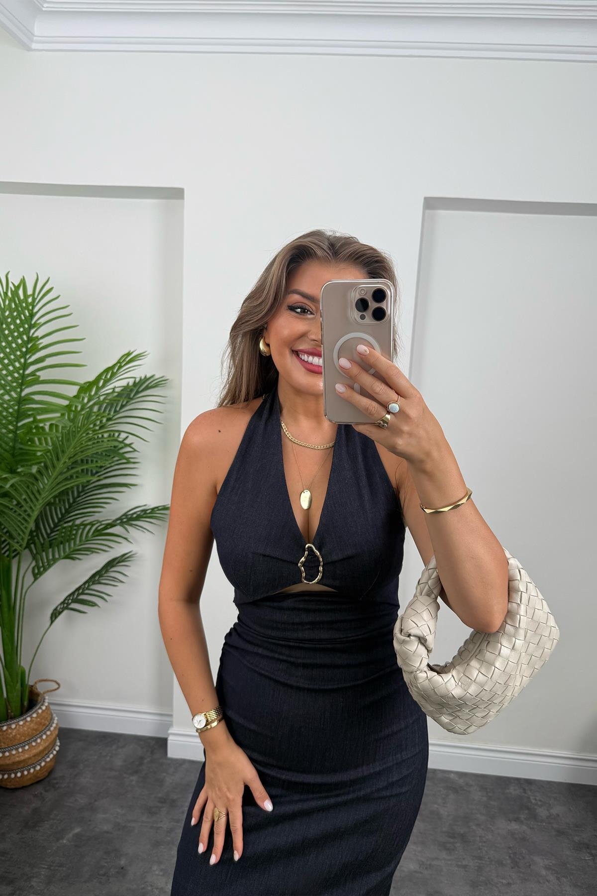 Premium Seri Bel Dekoltesi Tasarım Likralı Jean Elbise