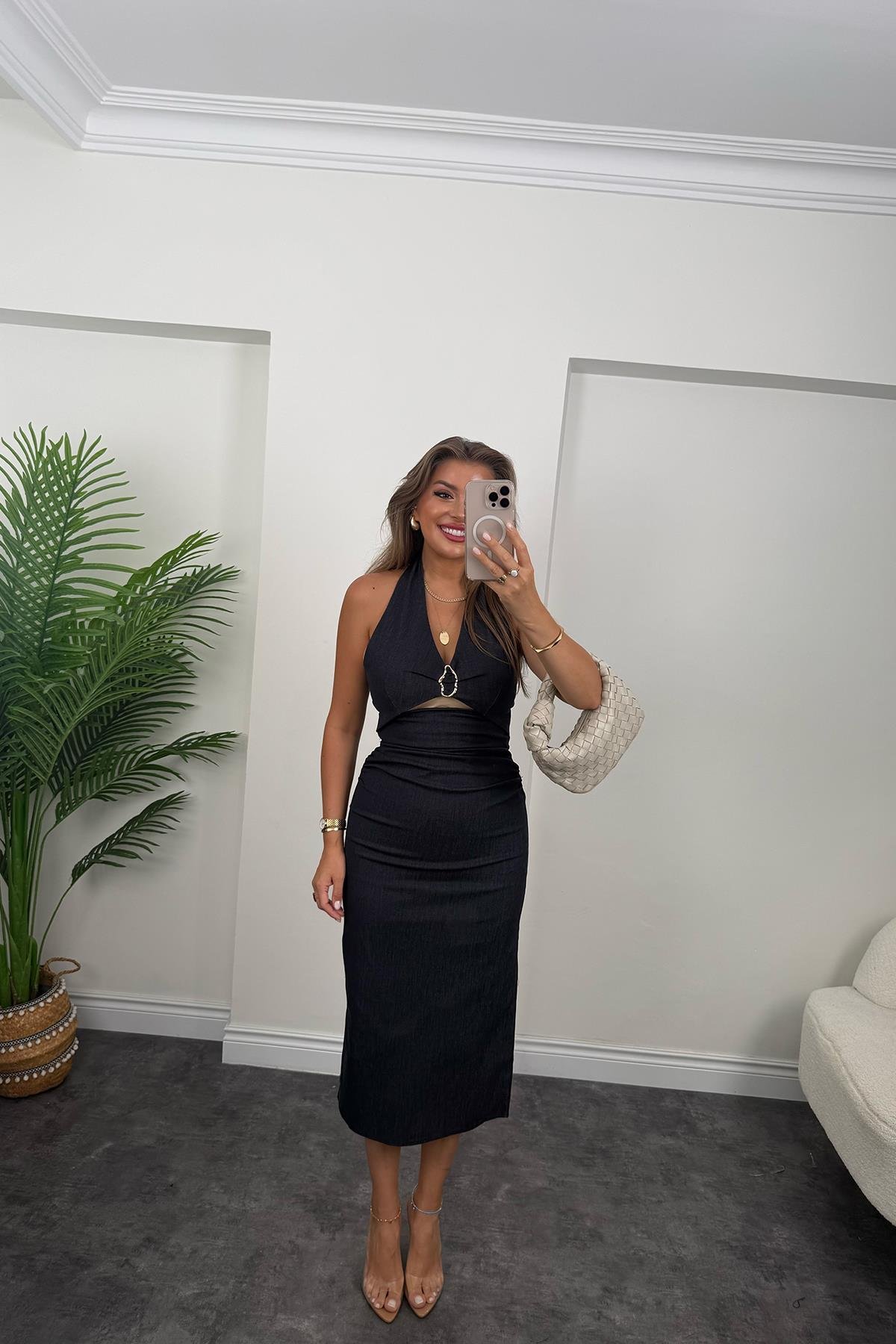 Premium Seri Bel Dekoltesi Tasarım Likralı Jean Elbise