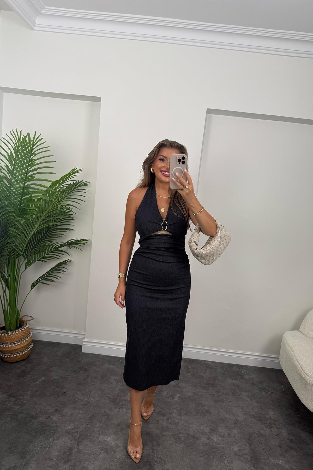 Premium Seri Bel Dekoltesi Tasarım Likralı Jean Elbise