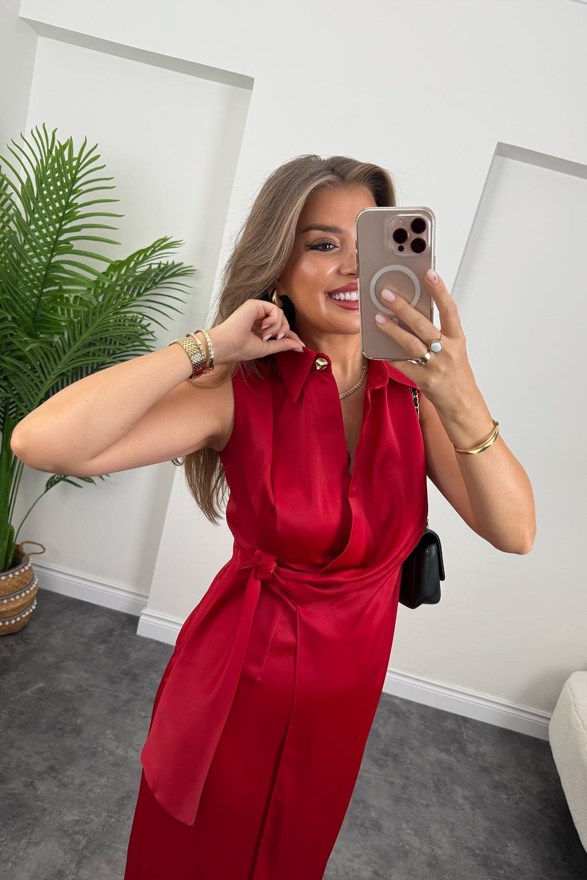 Premium Seri Beli Kuşaklı Yaka Midi Elbise Kırmızı