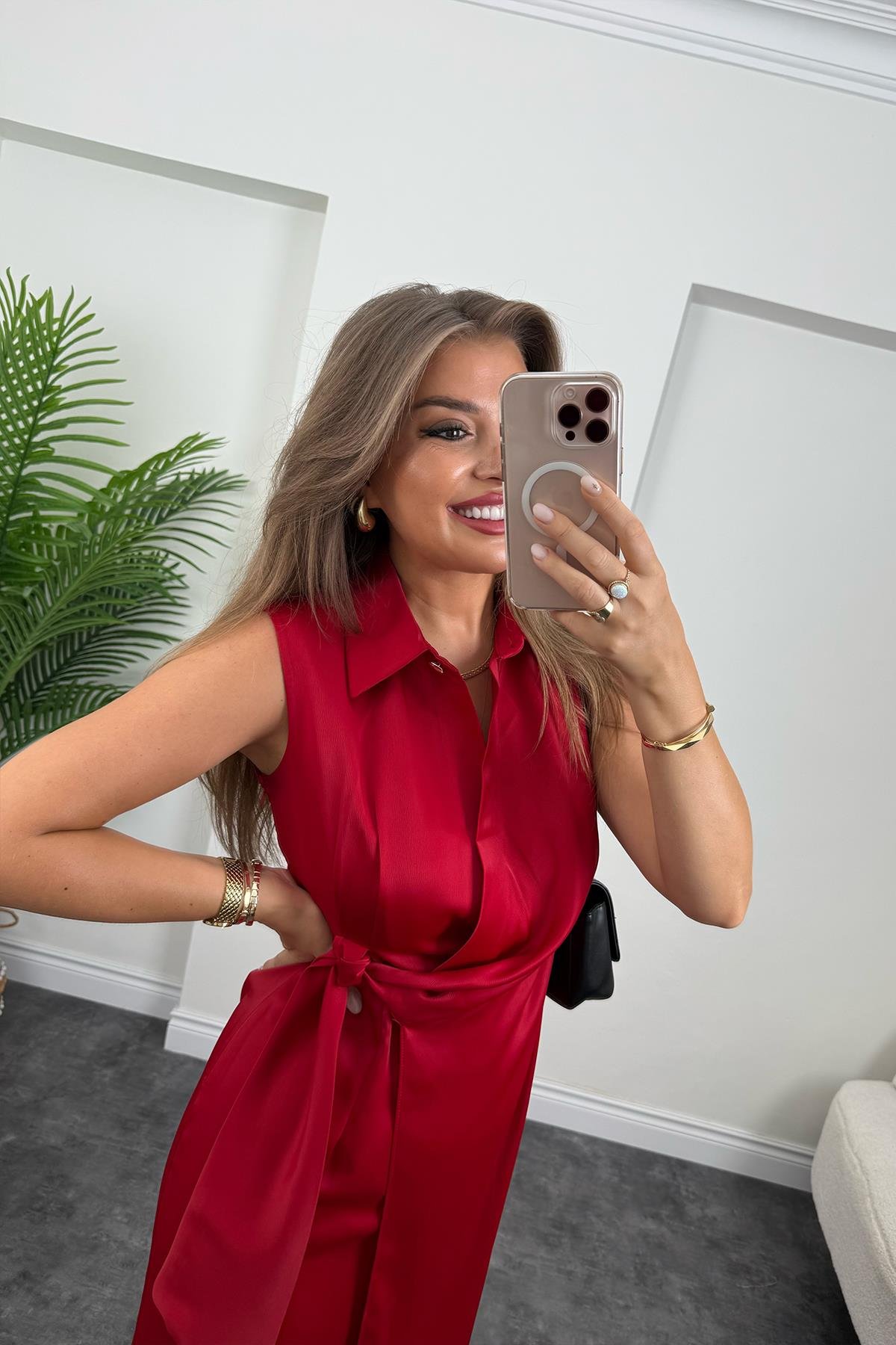 Premium Seri Beli Kuşaklı Yaka Midi Elbise Kırmızı