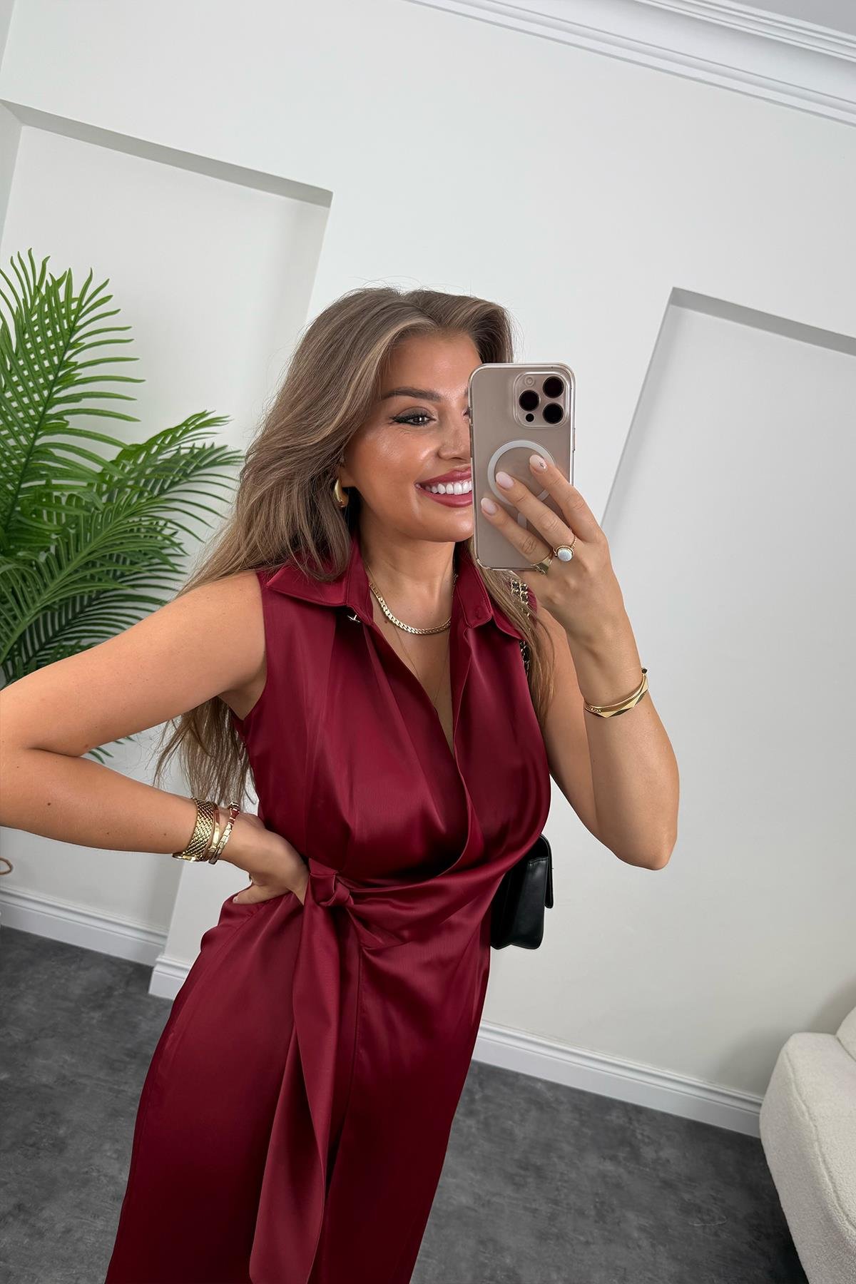 Premium Seri Beli Kuşaklı Yaka Midi Elbise Bordo
