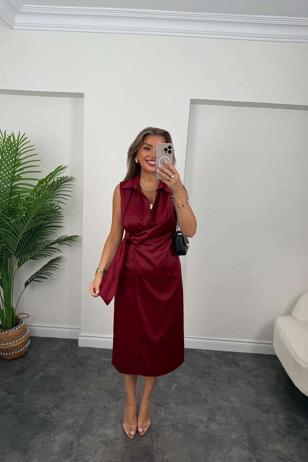 Premium Seri Beli Kuşaklı Yaka Midi Elbise Bordo