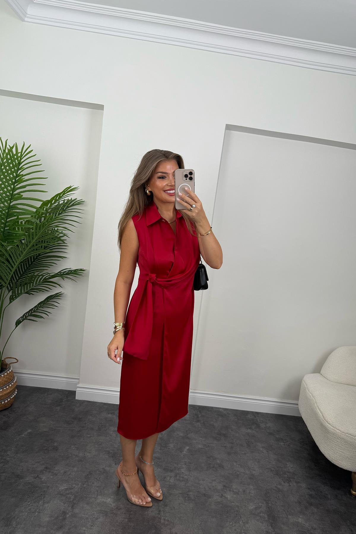Premium Seri Beli Kuşaklı Yaka Midi Elbise Kırmızı