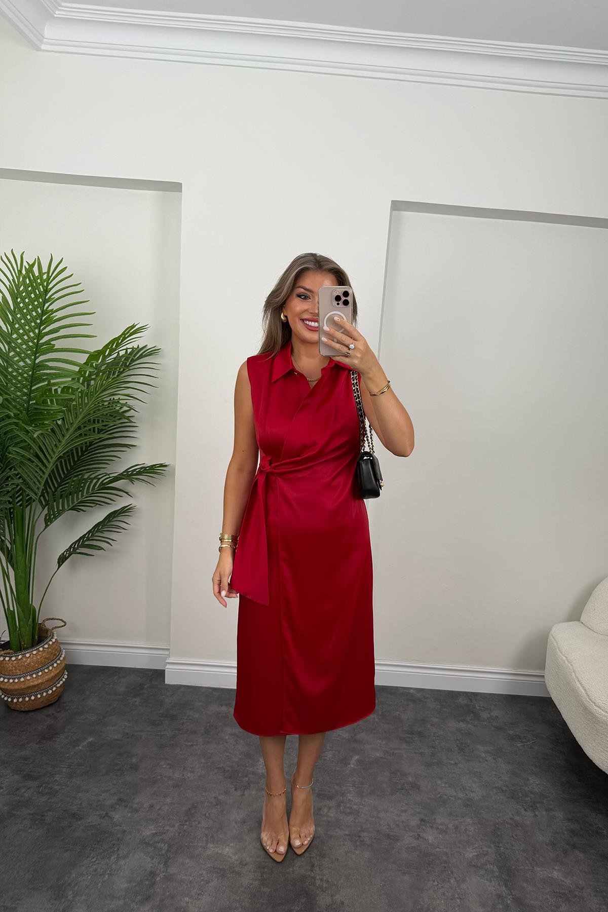 Premium Seri Beli Kuşaklı Yaka Midi Elbise Kırmızı