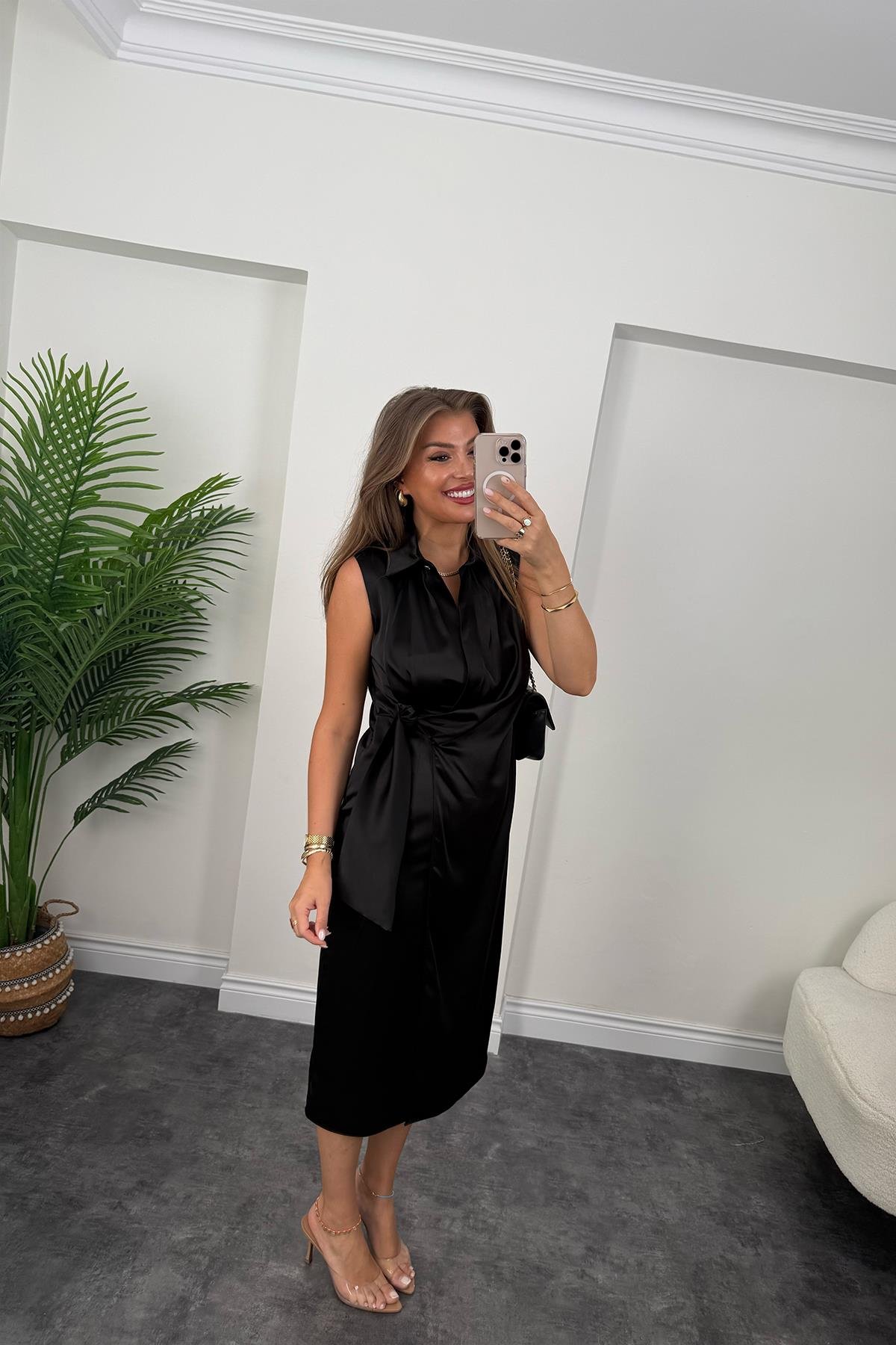 Premium Seri Beli Kuşaklı Yaka Midi Elbise Siyah