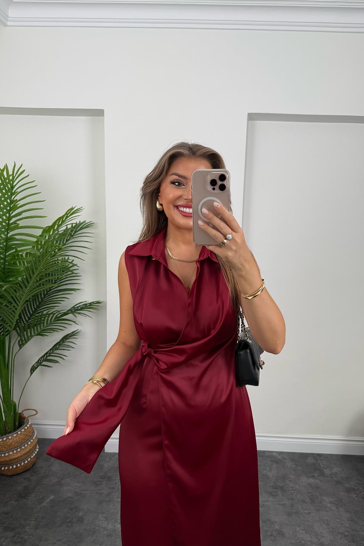 Premium Seri Beli Kuşaklı Yaka Midi Elbise Bordo
