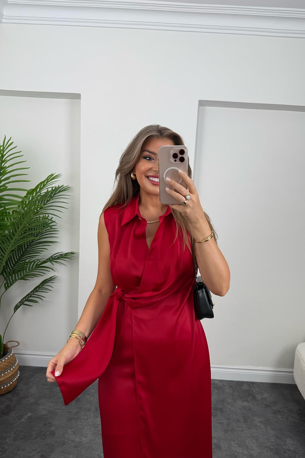 Premium Seri Beli Kuşaklı Yaka Midi Elbise Kırmızı