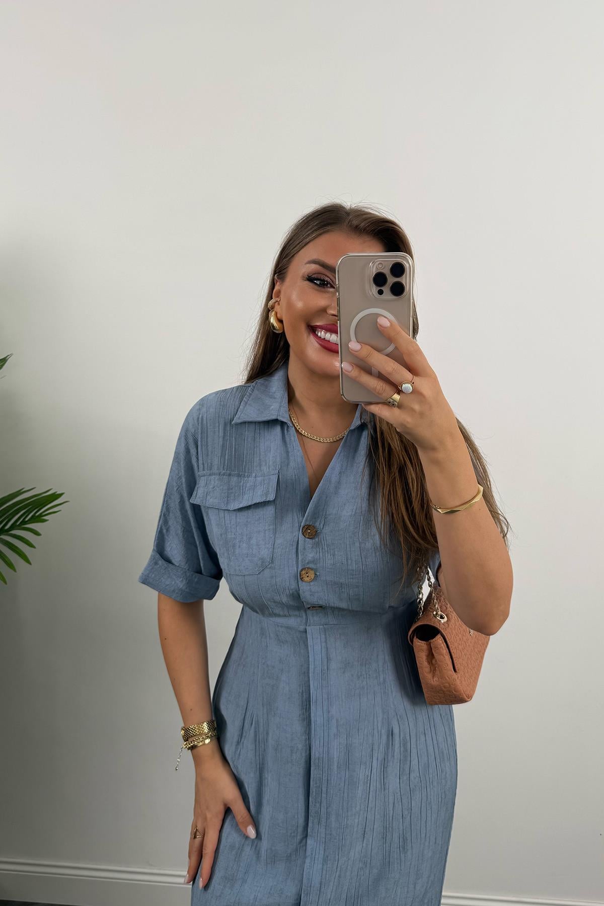 Premium Seri Beli Lastikli Ahşap Düğmeli Midi Boy Elbise Mavi