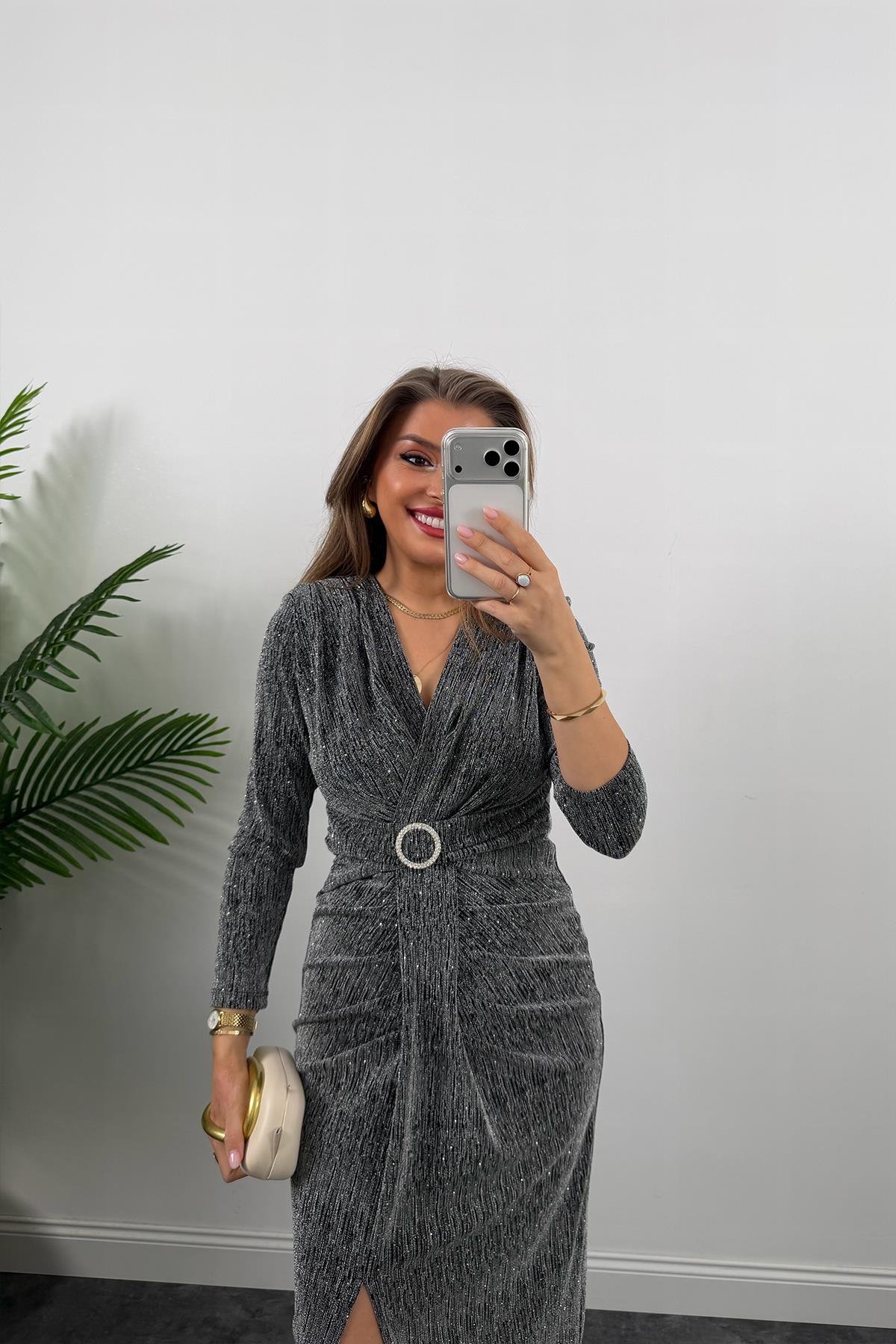 Premium Seri Beli Taşlı Drapeli Midi Elbise Gümüş
