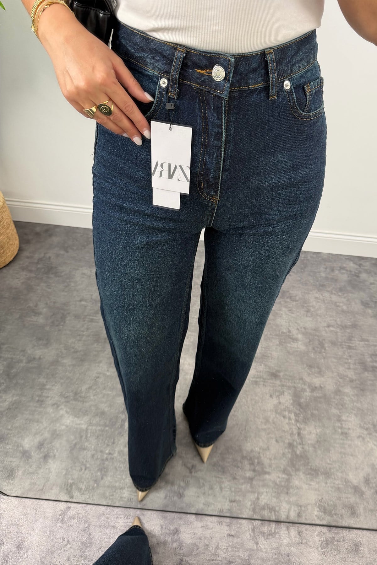 Premium Seri Bol Paça Yüksek Bel Jean Tintli Dark Blue 1014