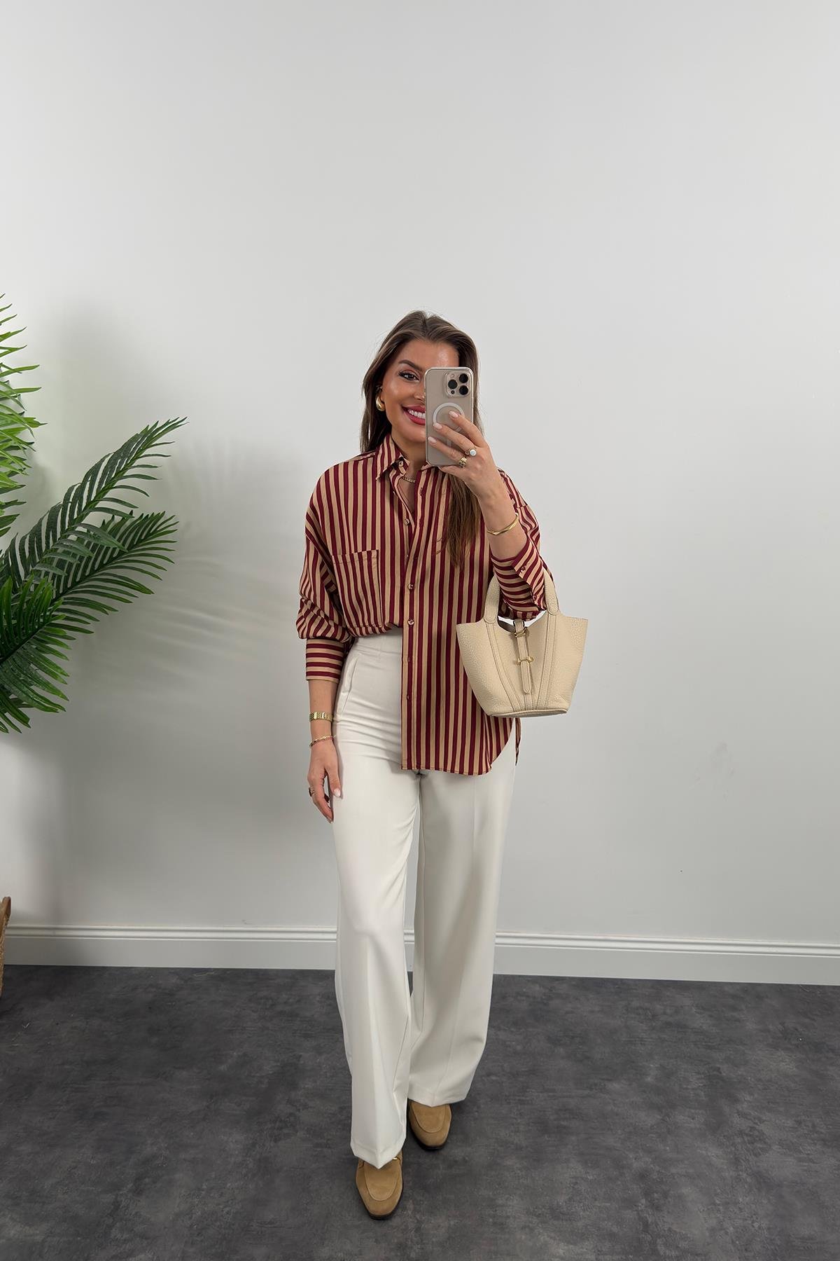Premium Seri Bordo Camel Çizgili Tensel Gömlek
