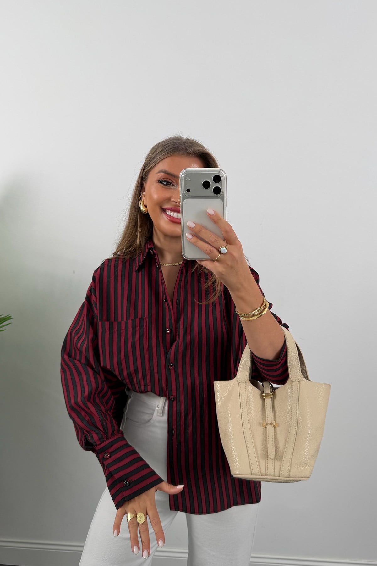 Premium Seri Bordo Siyah Çizgili Tensel Gömlek