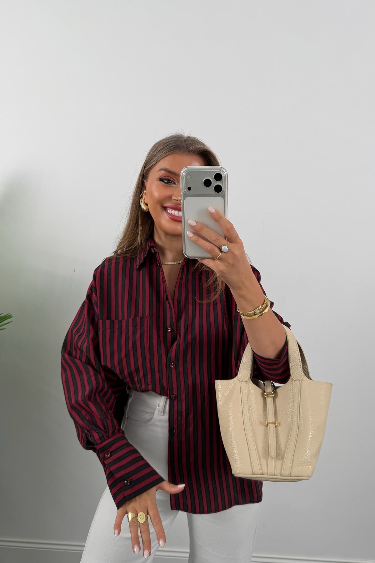 Premium Seri Bordo Siyah Çizgili Tensel Gömlek