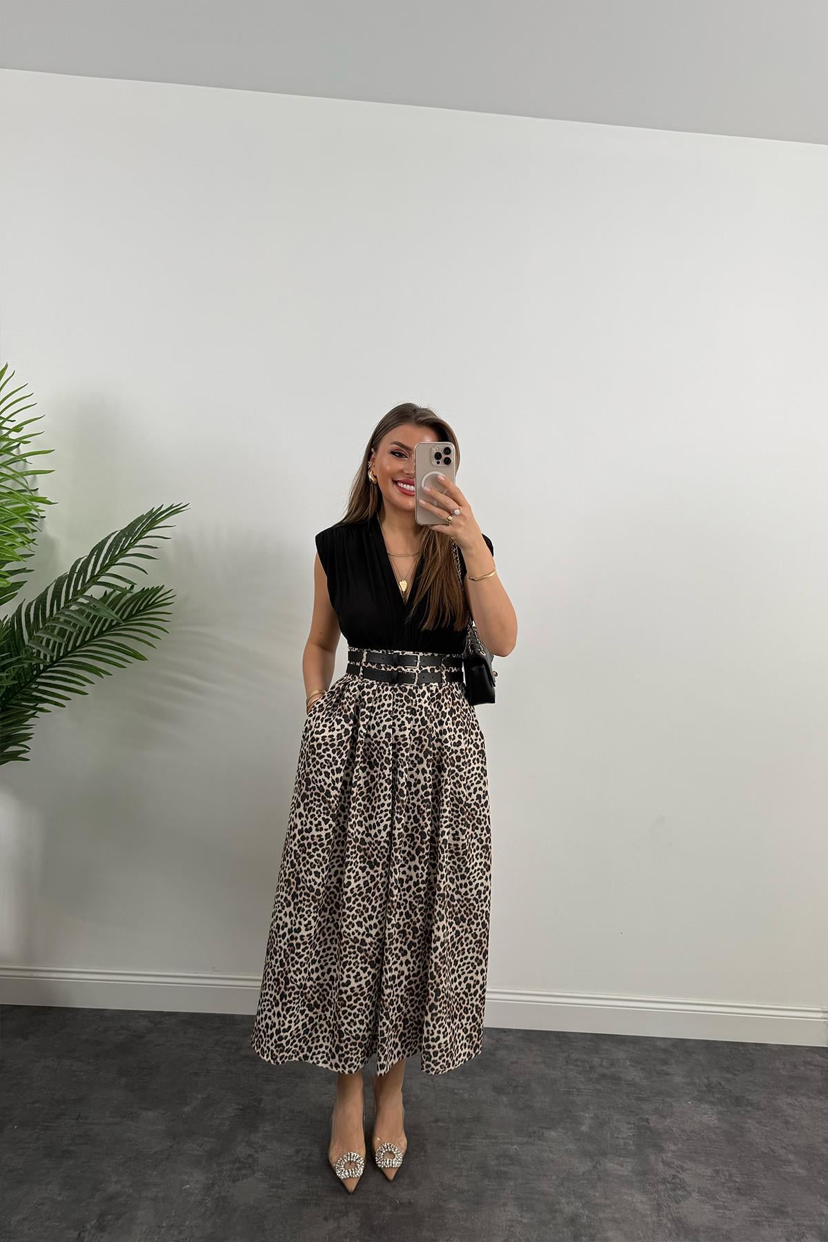 Premium Seri Çift Kemerli Maxi Leopar Etek