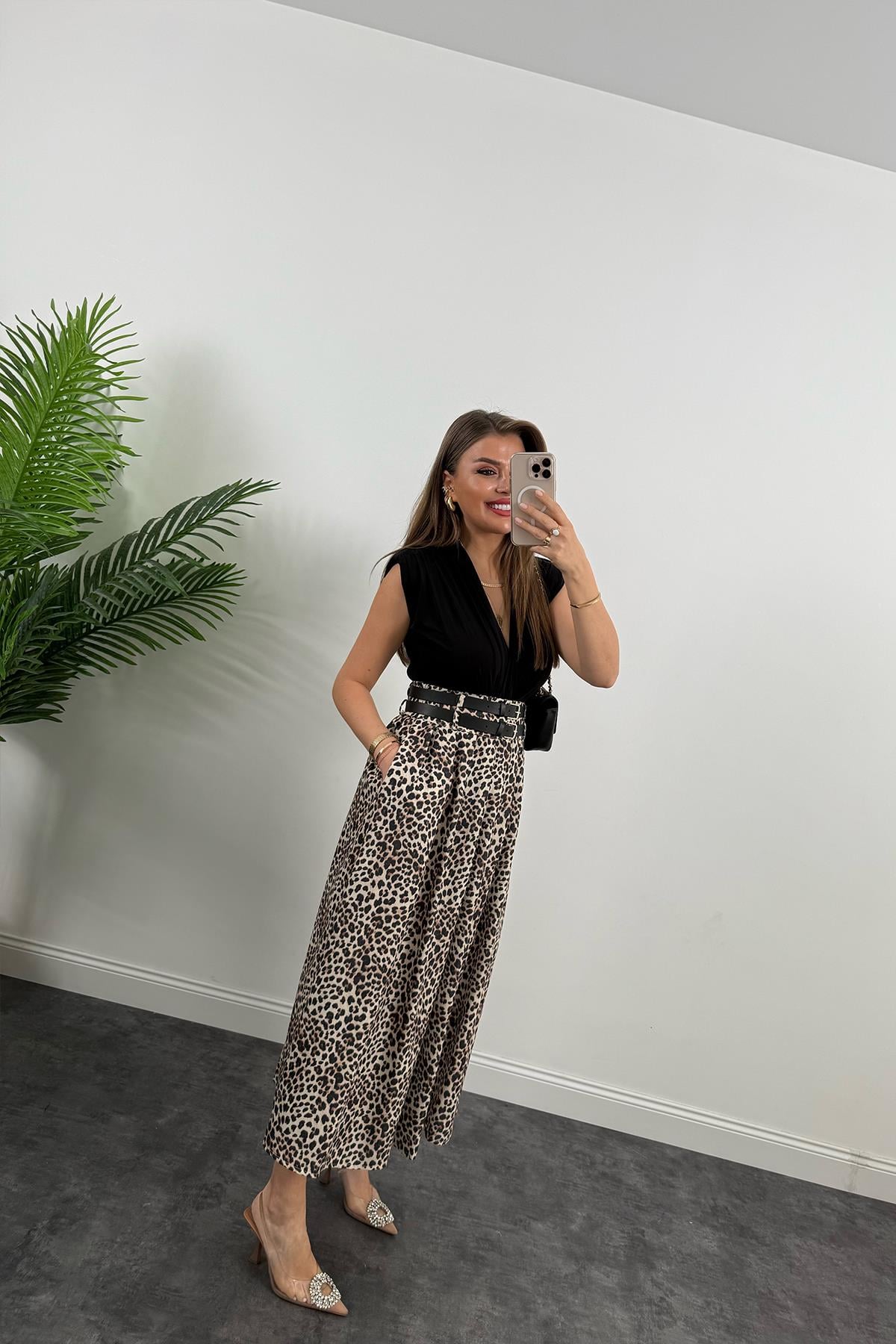 Premium Seri Çift Kemerli Maxi Leopar Etek