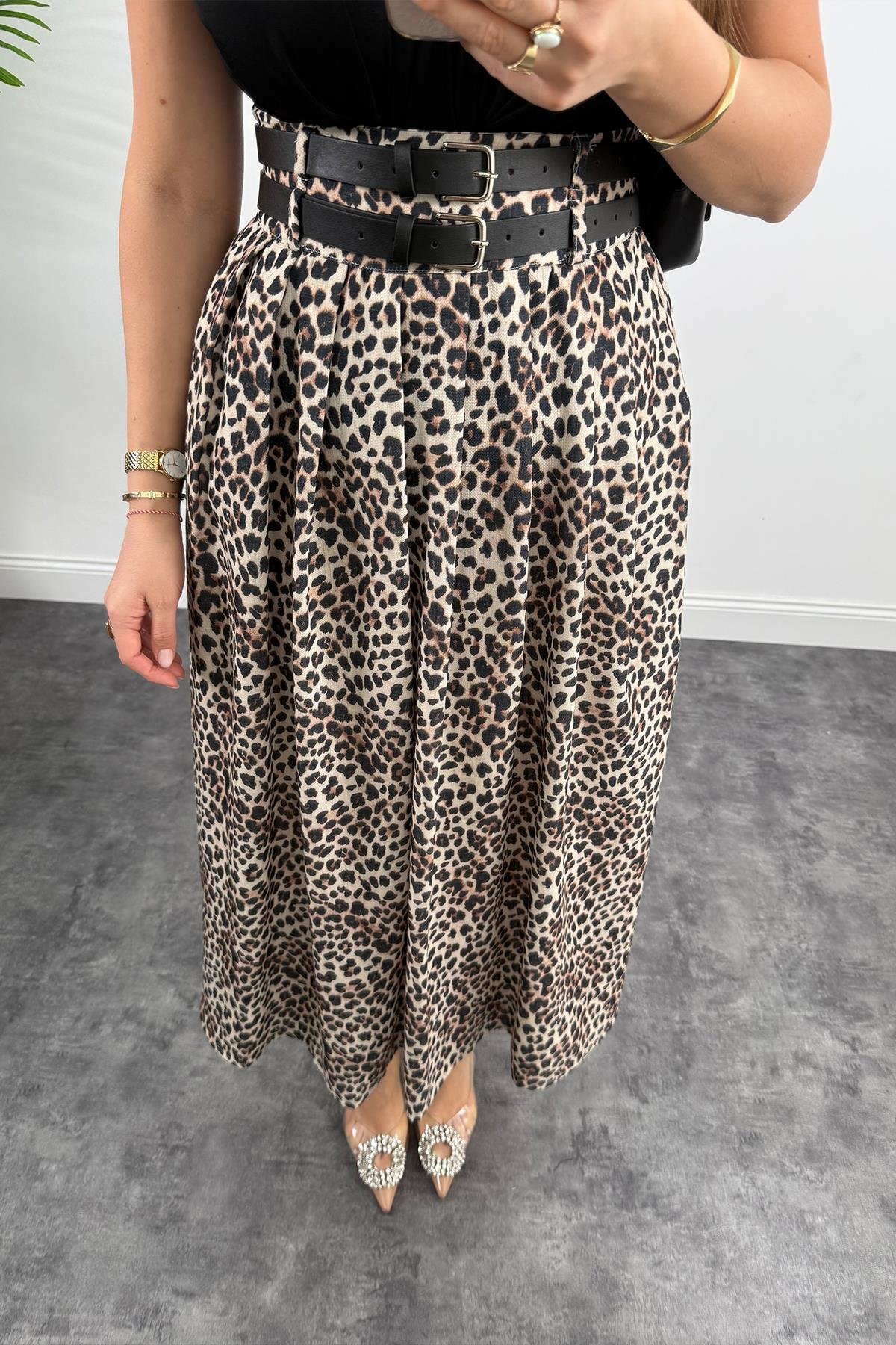Premium Seri Çift Kemerli Maxi Leopar Etek