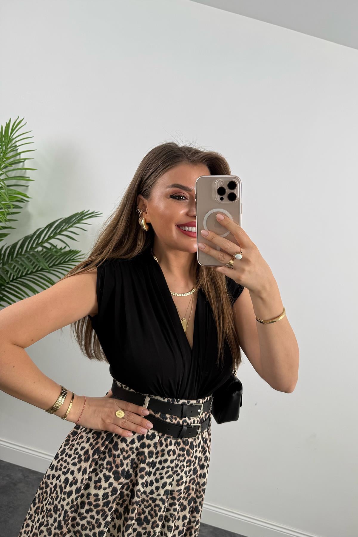 Premium Seri Çift Kemerli Maxi Leopar Etek