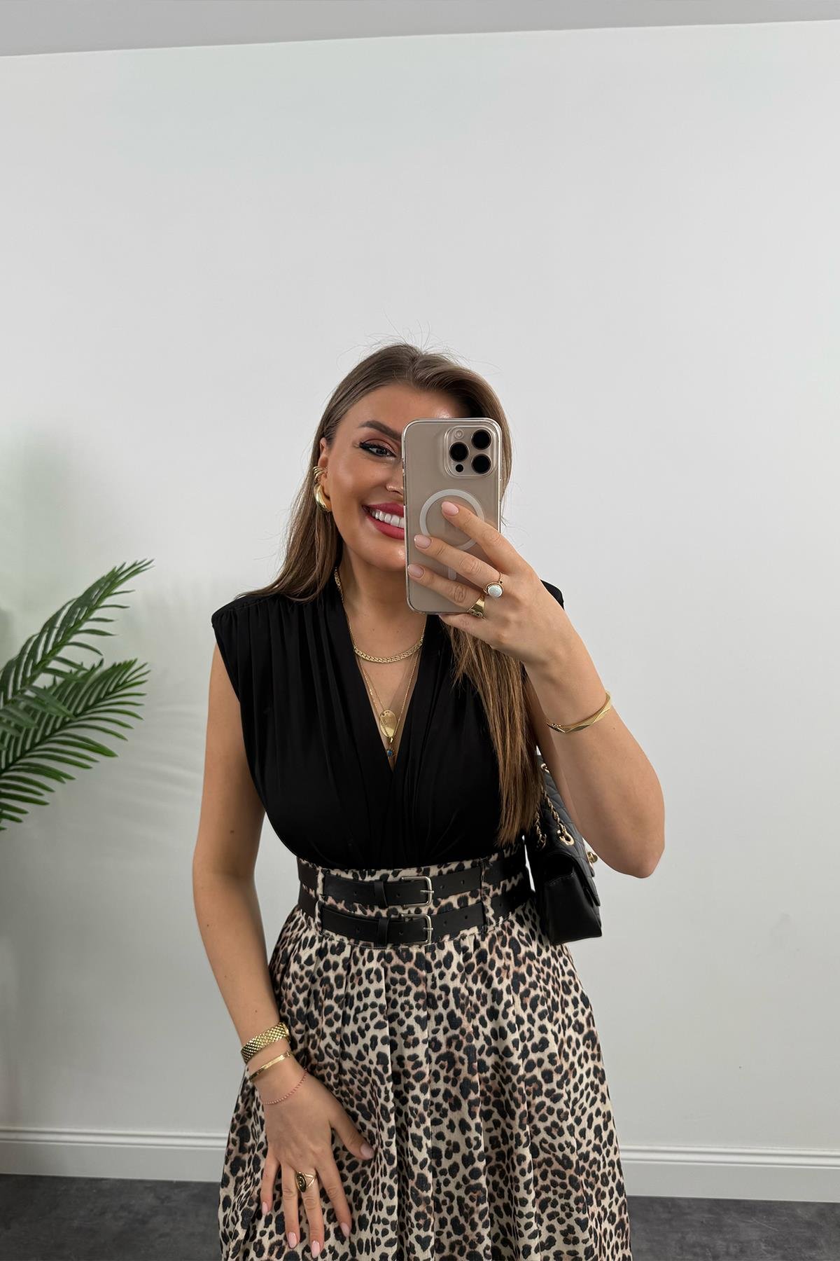 Premium Seri Çift Kemerli Maxi Leopar Etek