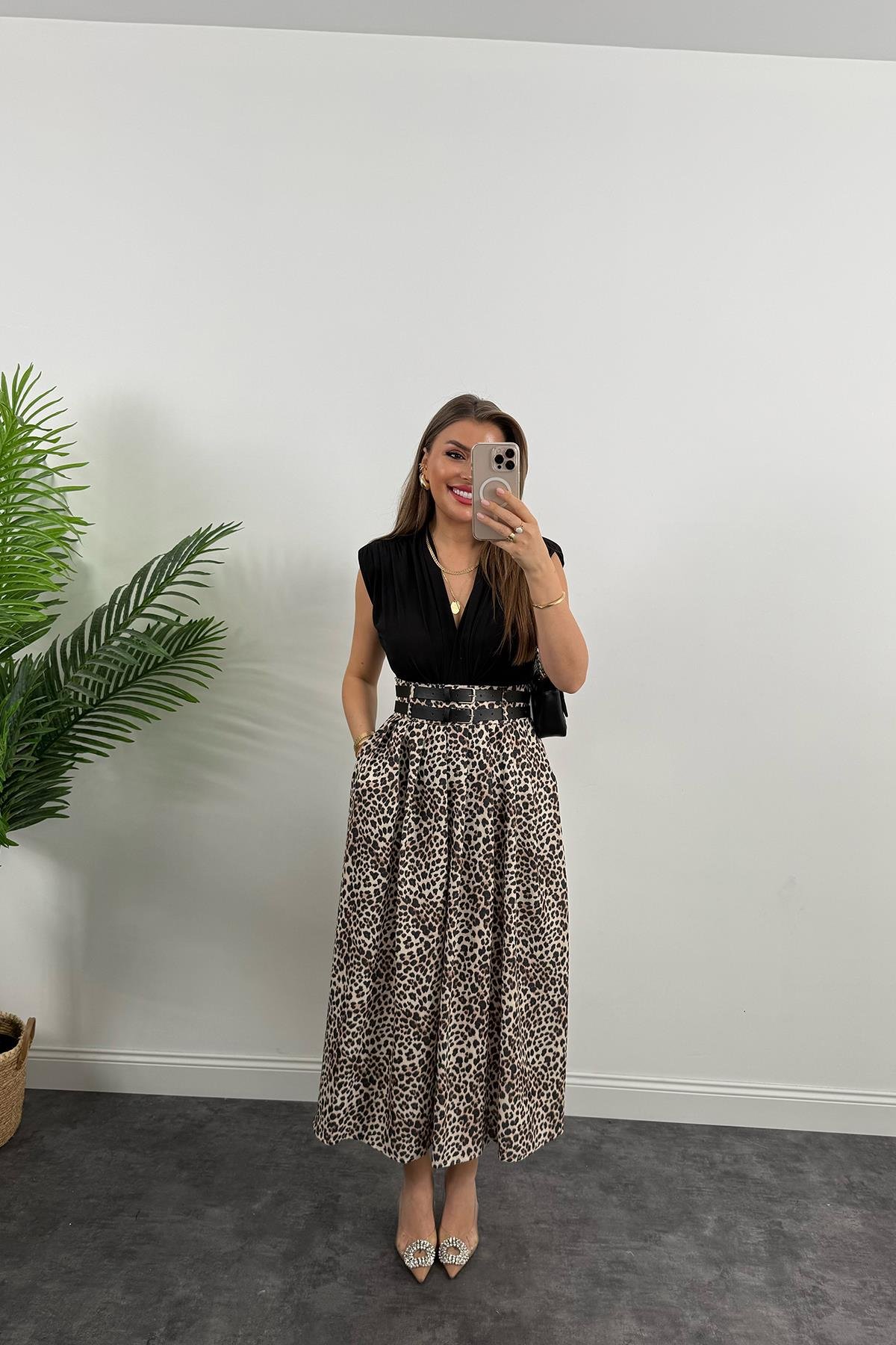 Premium Seri Çift Kemerli Maxi Leopar Etek