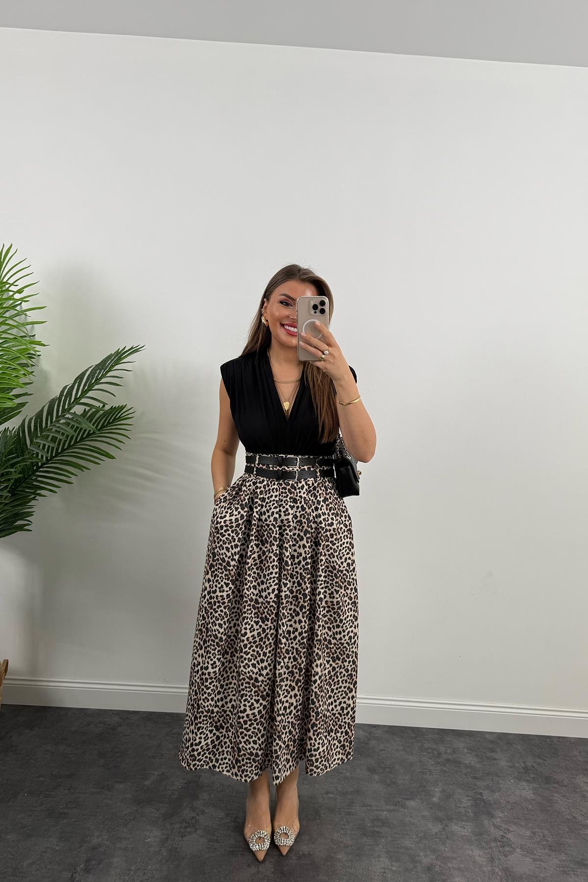 Premium Seri Çift Kemerli Maxi Leopar Etek