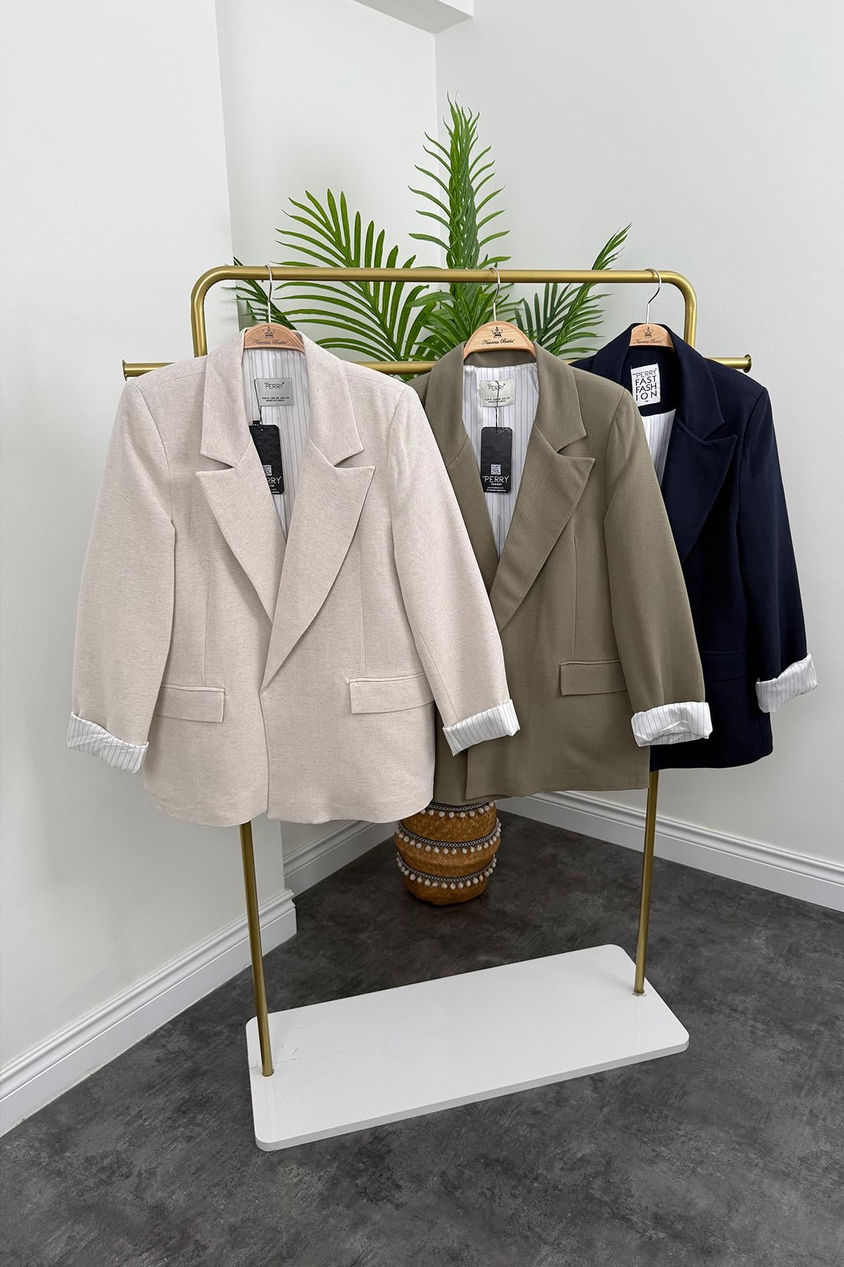 Premium Seri Çizgili Astar Organik Kumaş Keten Blazer Ceket Naturel Taş