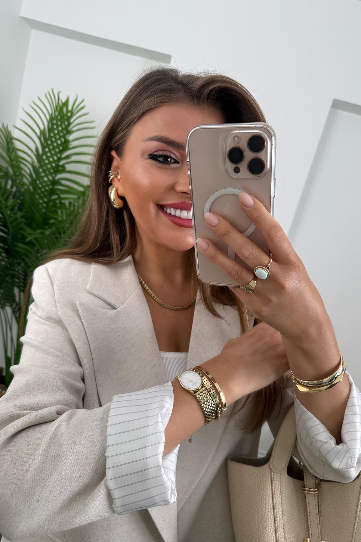 Premium Seri Çizgili Astar Organik Kumaş Keten Blazer Ceket Naturel Taş