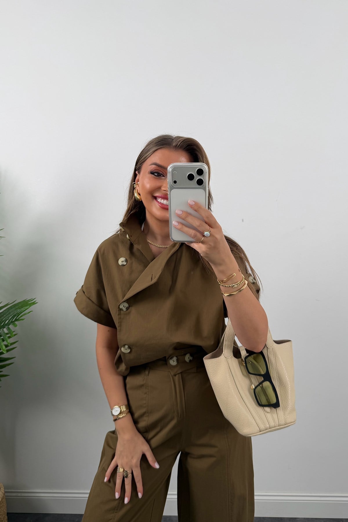 Premium Seri Dik Yaka Yelek Pantolon Harem Takım Bakır Kahve