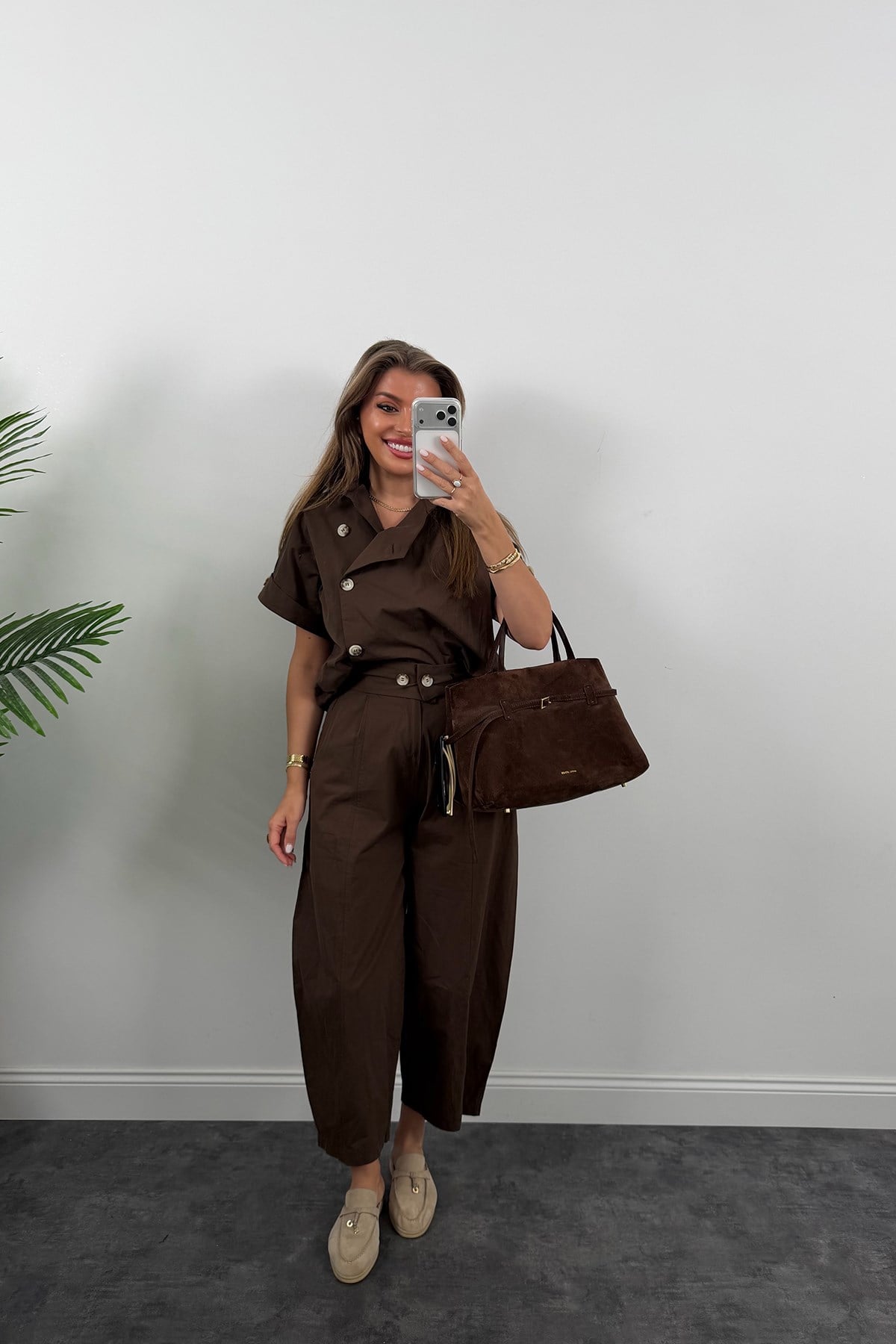 Premium Seri Dik Yaka Yelek Pantolon Harem Takım Acı Kahve