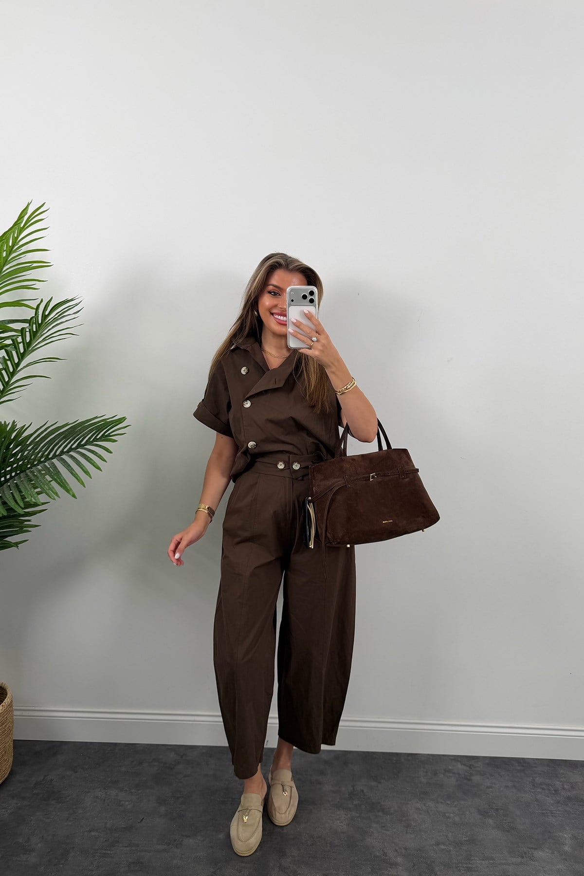 Premium Seri Dik Yaka Yelek Pantolon Harem Takım Acı Kahve