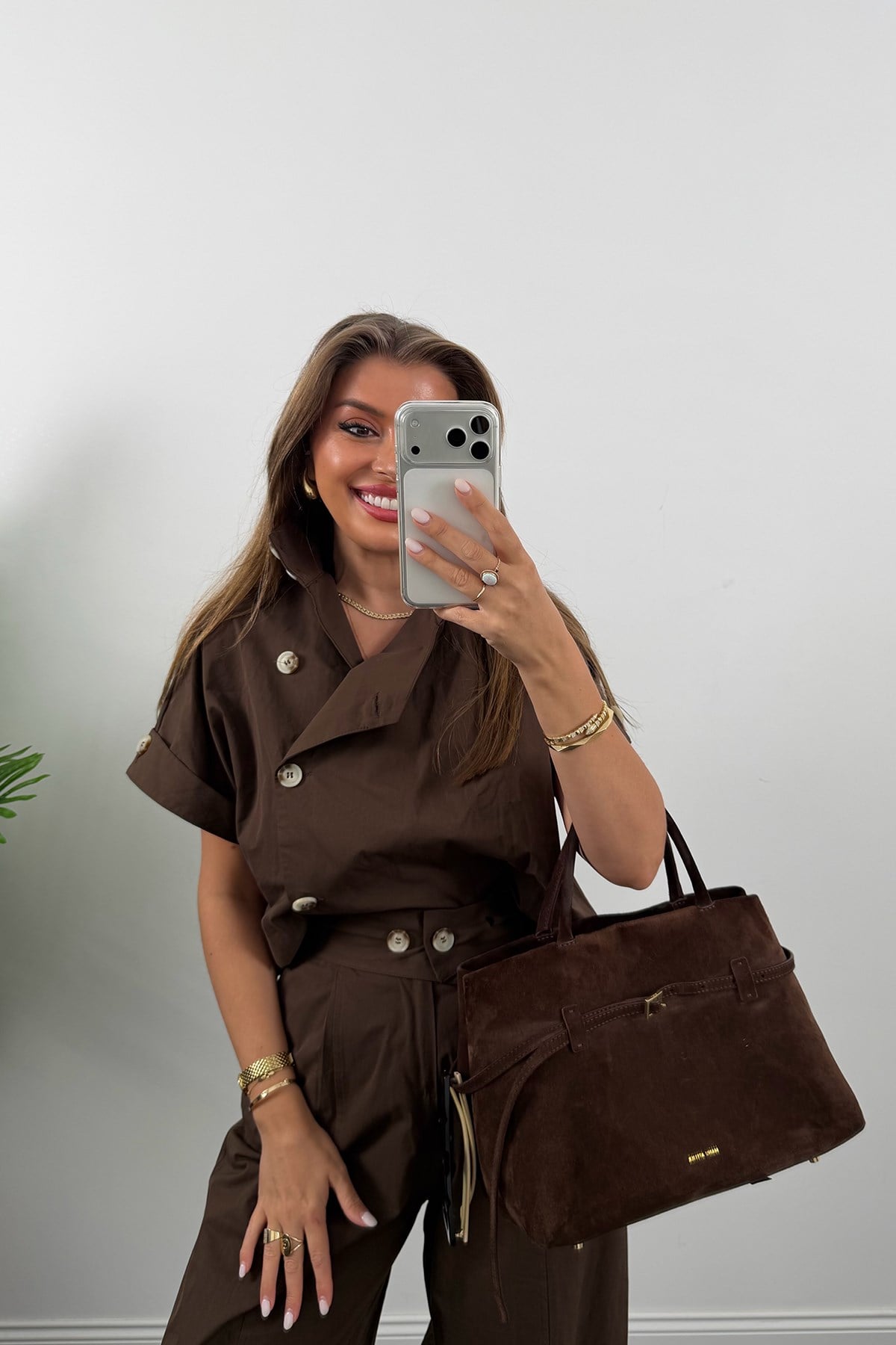 Premium Seri Dik Yaka Yelek Pantolon Harem Takım Acı Kahve