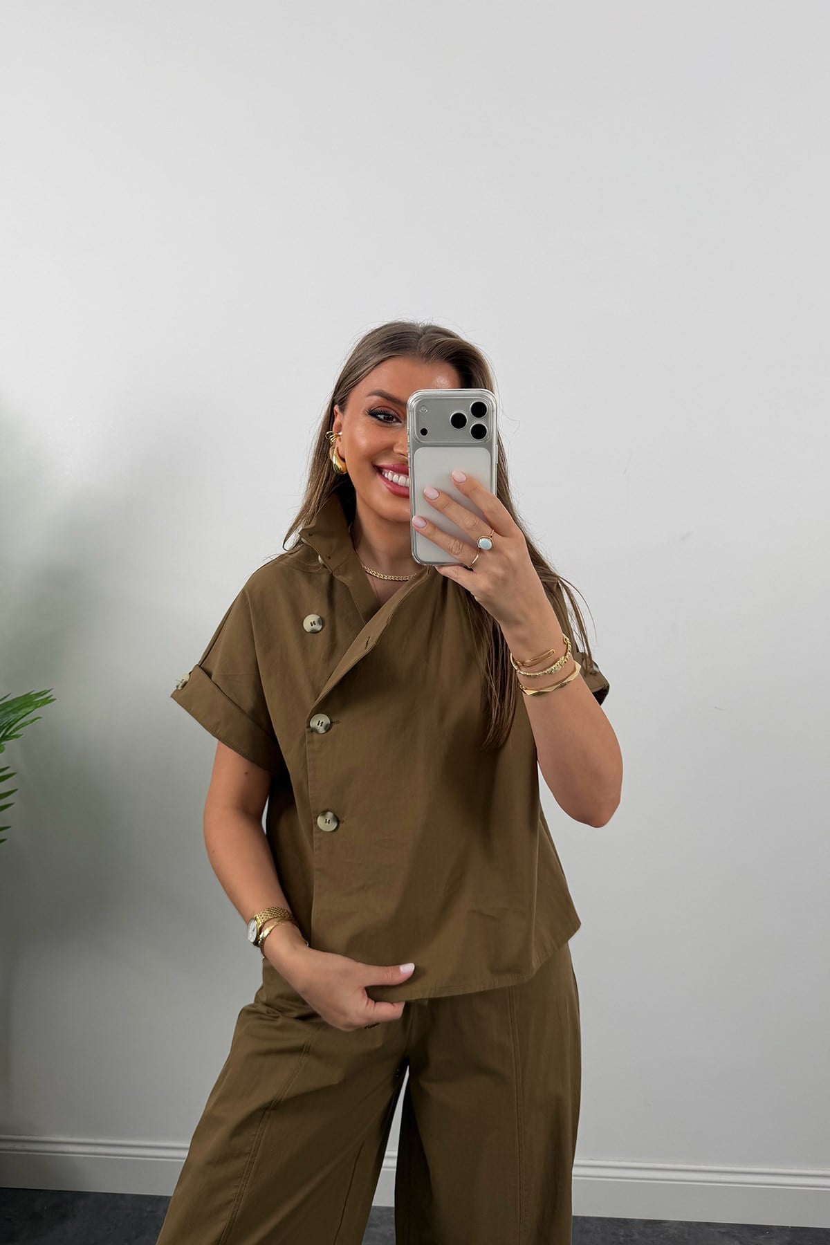Premium Seri Dik Yaka Yelek Pantolon Harem Takım Bakır Kahve