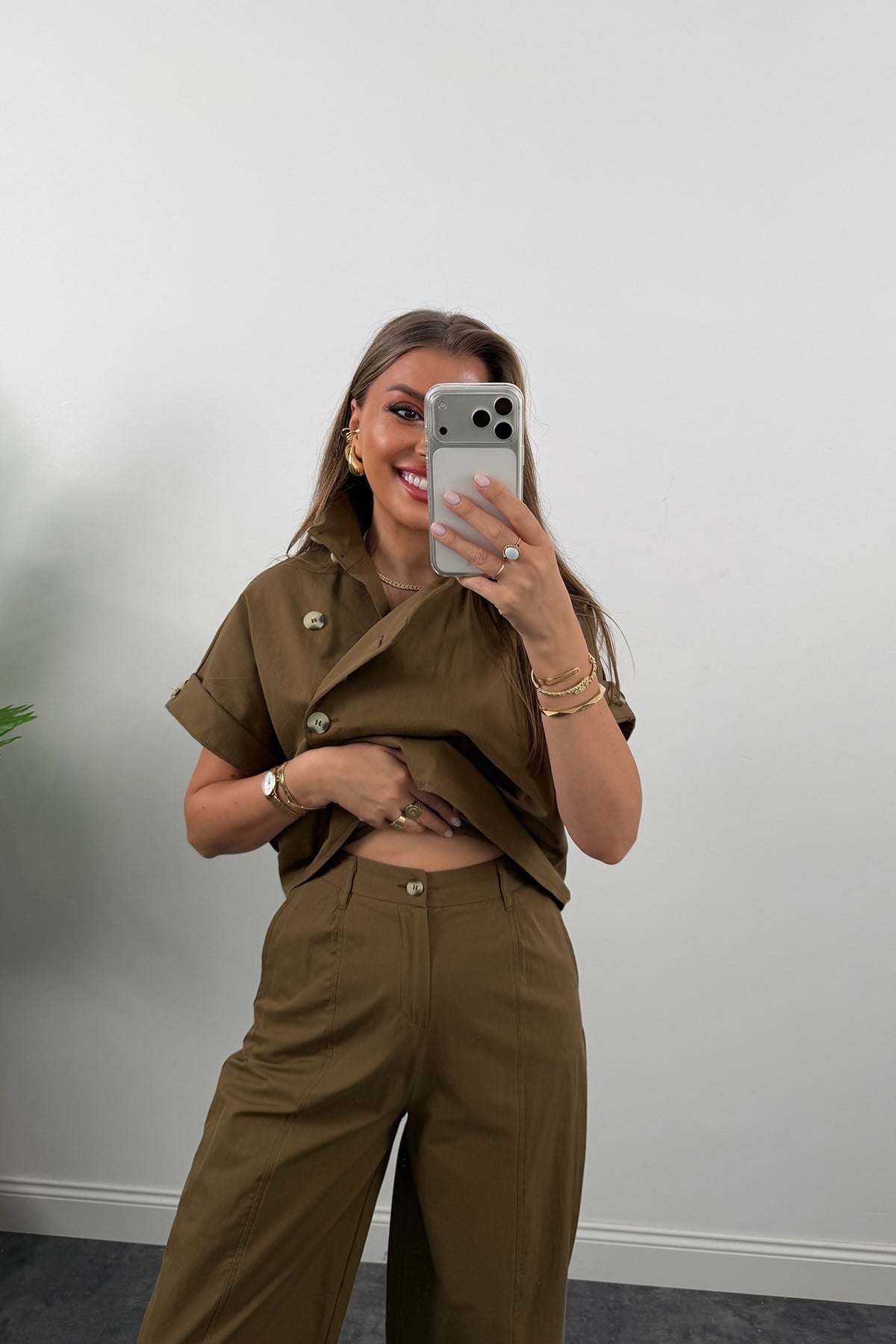 Premium Seri Dik Yaka Yelek Pantolon Harem Takım Bakır Kahve