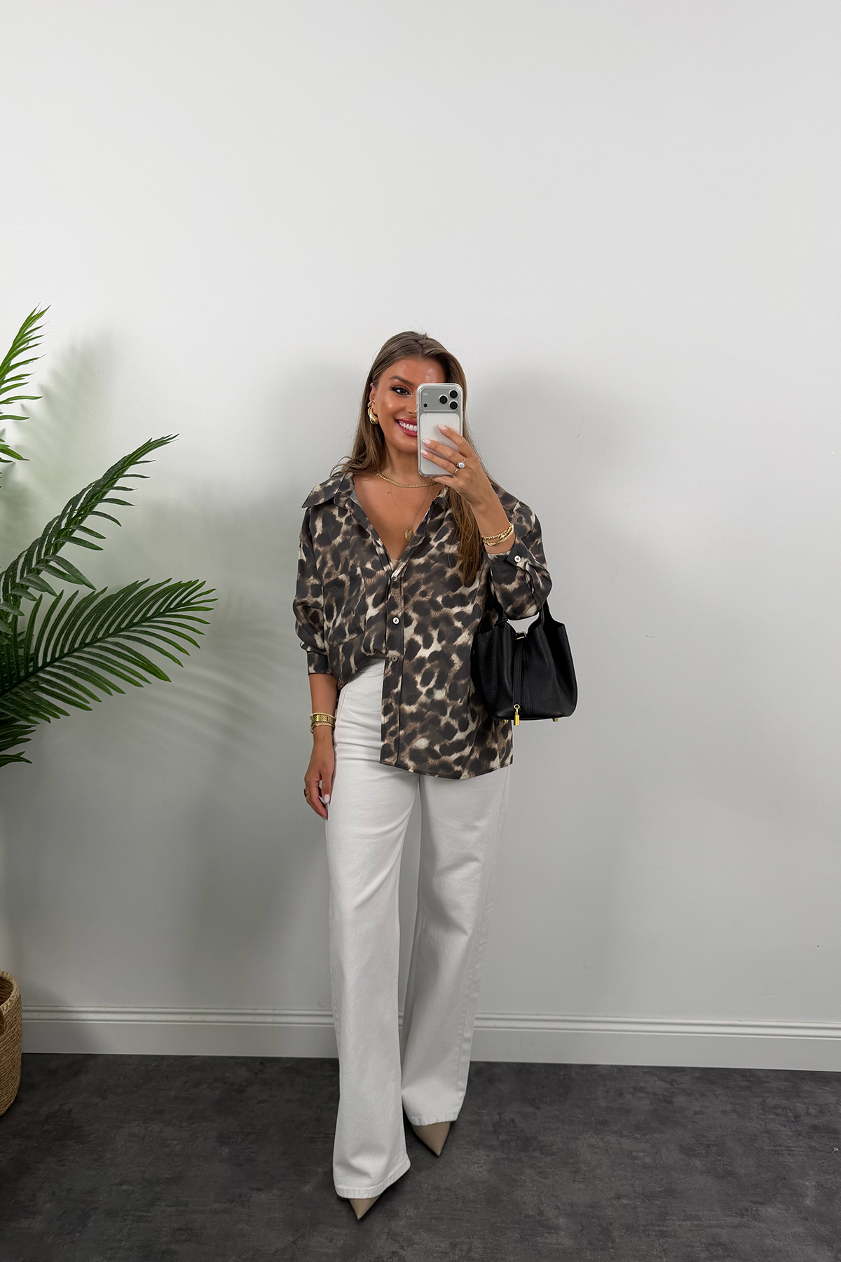 Premium Seri Dökümlü Kumaş Tensel Leopar Gömlek