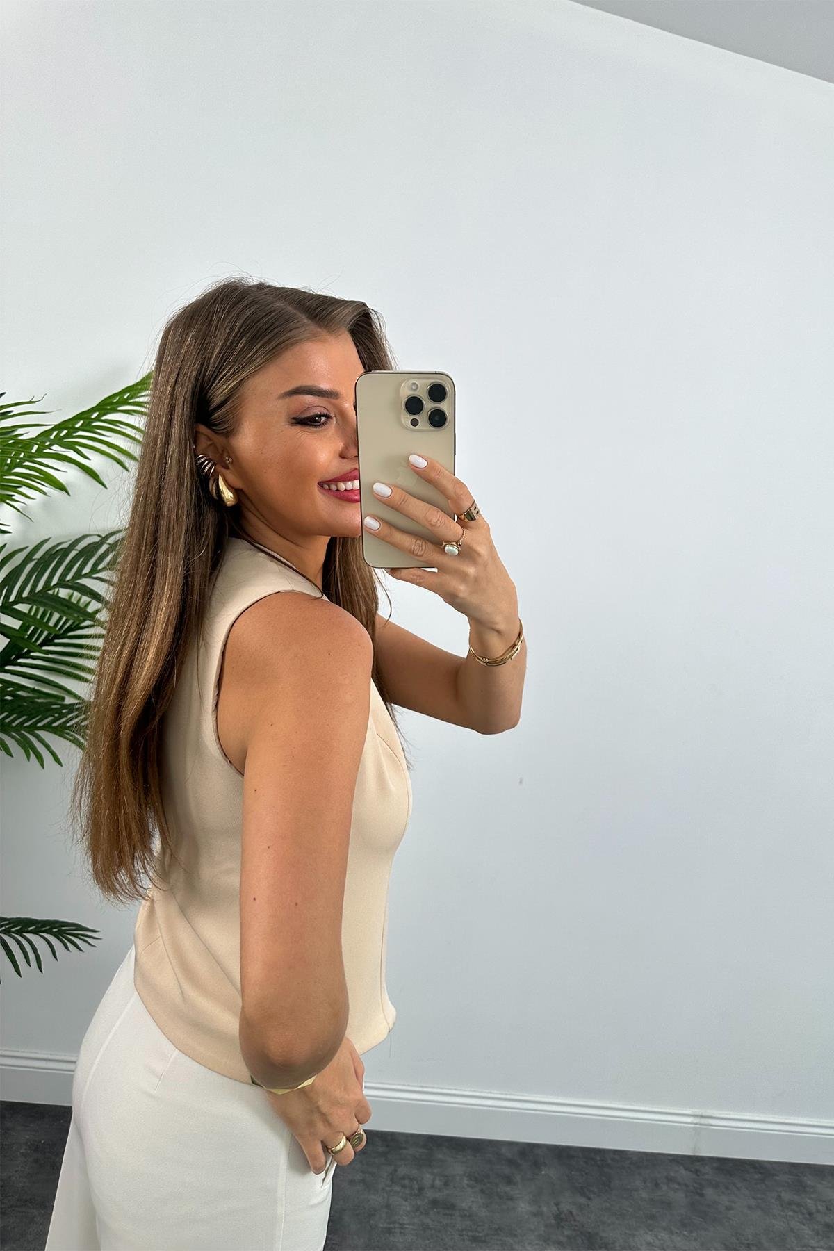 Premium Seri Double Atlas Kumaş Gold Düğmeli Astarlı Yelek Taş