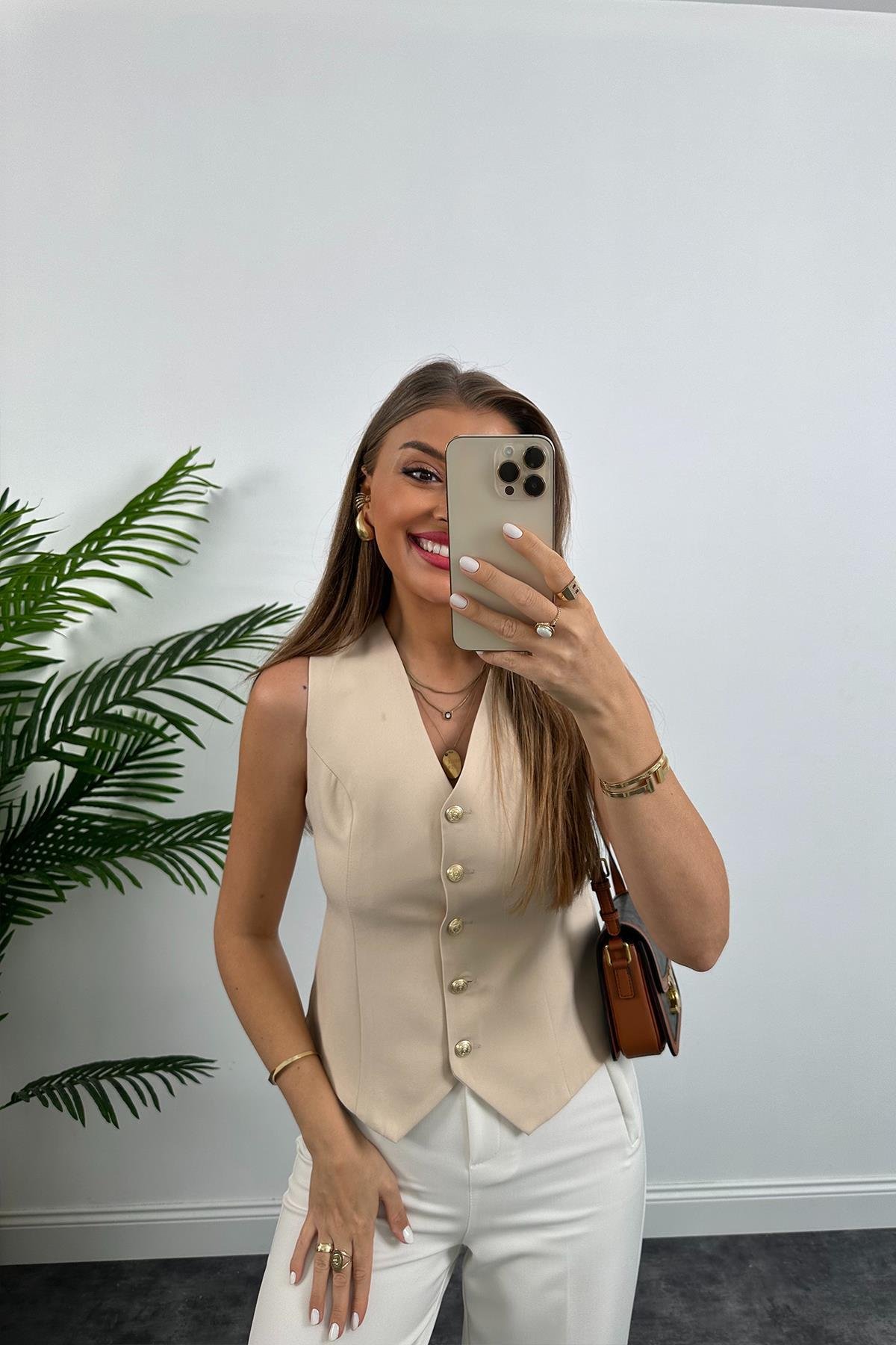 Premium Seri Double Atlas Kumaş Gold Düğmeli Astarlı Yelek Taş